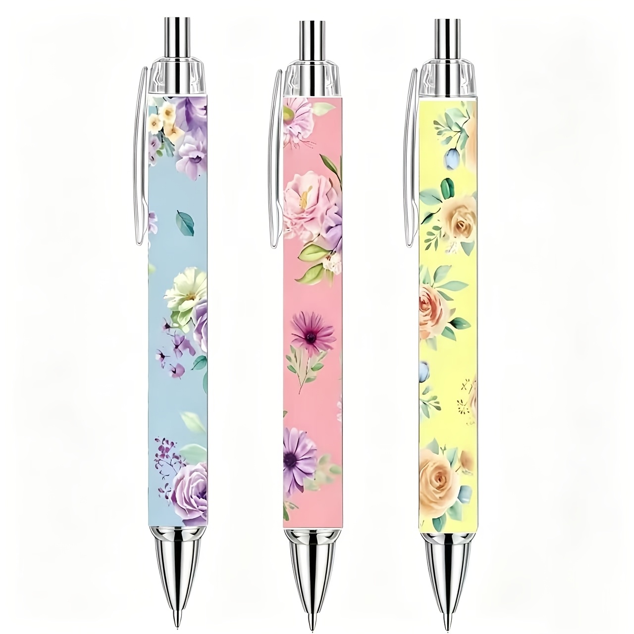 TEMU 3er-Pack Klickstifte mit Blumenmuster, dreifarbiger, frischer Stiftkörper, sanftes Schreiben und langlebige Ästhetik, schwarze Tinte,