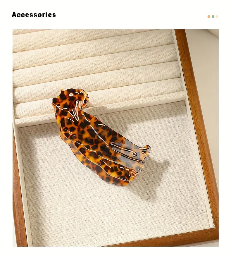 handmade leopard print acetate hair clip minimalist rectangular animal design hair accessory with vibrant orange black spotted pattern durable lightweight for womens hairstyles cute hair accessories stylish updo clip Product details 0