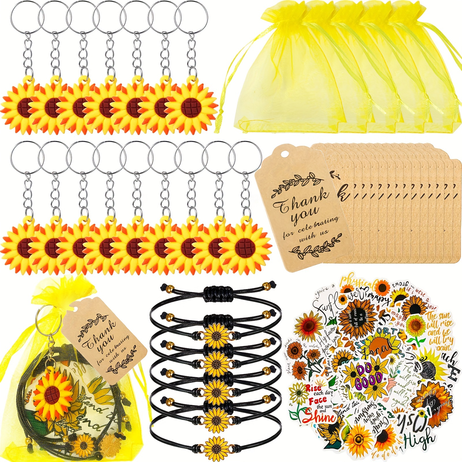 

90pcs Sunflower Party Favors Including Sunflower Keychains Adjustable Sunflower Bracelets Pvc Sunflower Stickers Thank You Kraft Tags Organza Bags For Birthday Summer Party Wedding School Reward