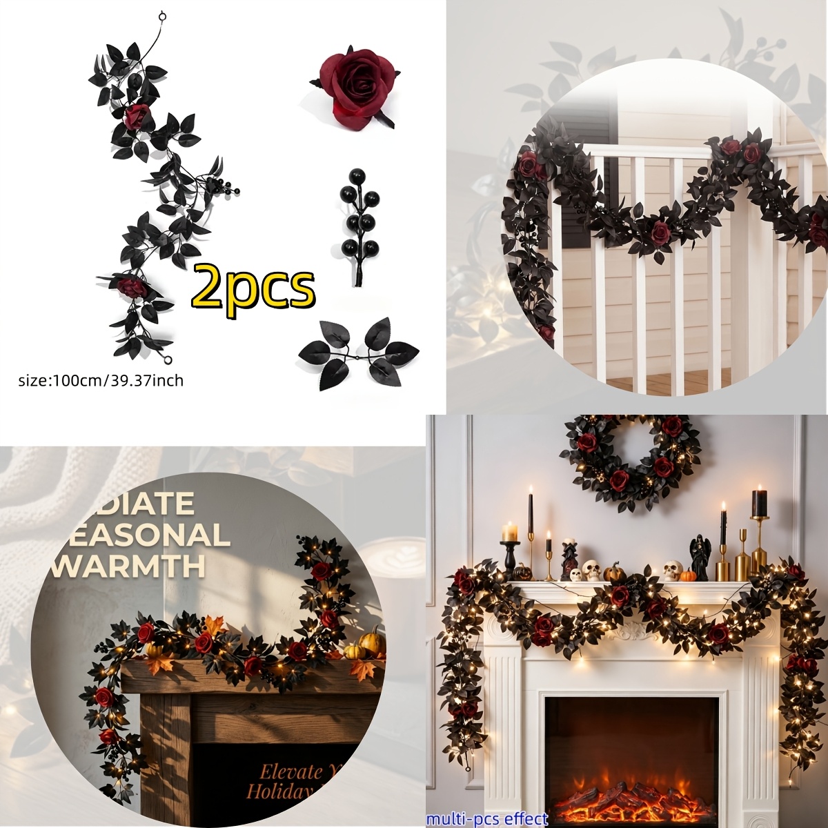 TEMU 2 Sets Of Simulated Black Leaves And Red Roses Vines, Red Roses With Leaves, Gothic Dark Texture. Hung On Doors, Windows, , And Walls, Perfect