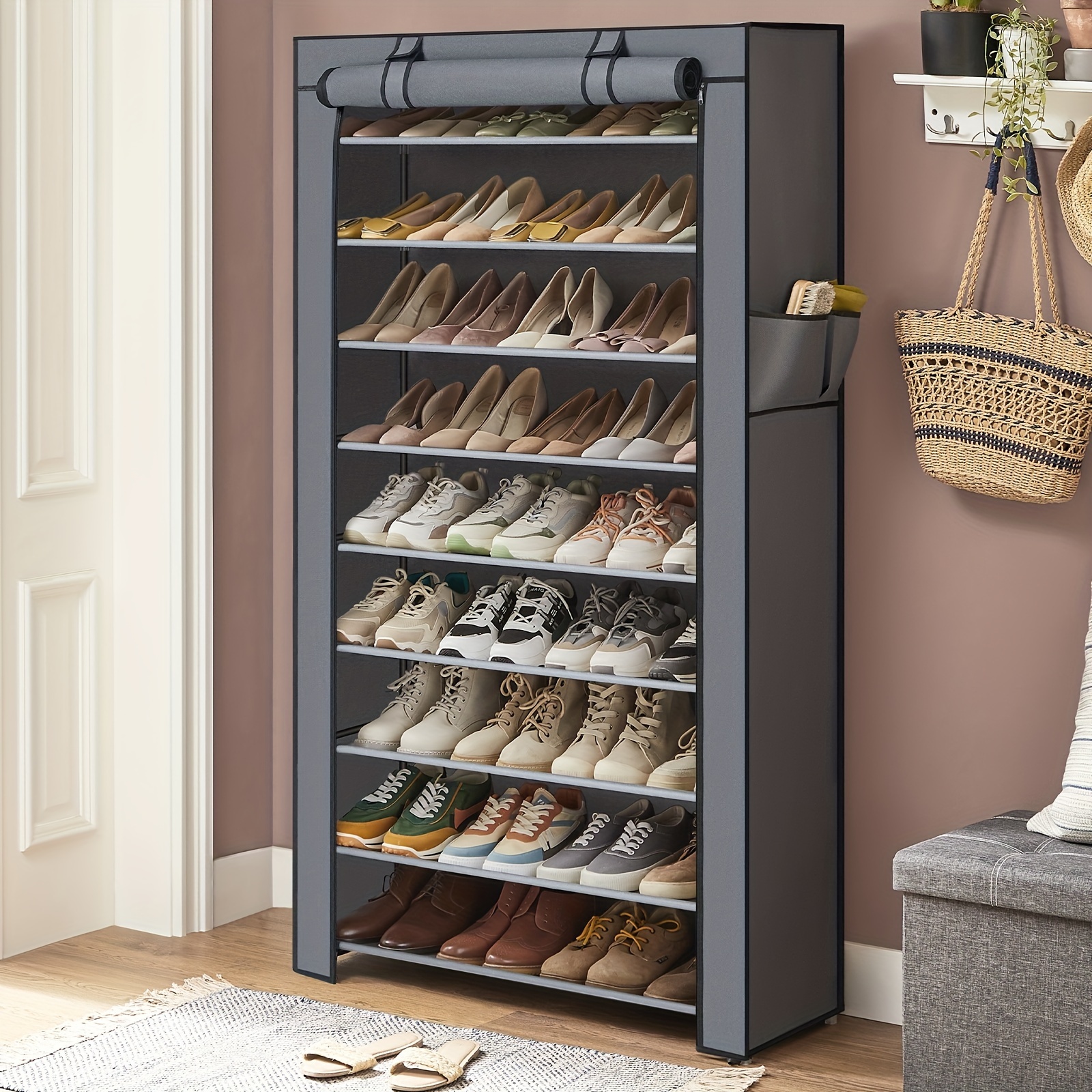 TEMU Songmics 9-tier Shoe Rack Organizer, Stainless Steel & Plastic Construction, Non-woven Fabric Cover, Holds 40-50 Pairs, With Side Pockets, For