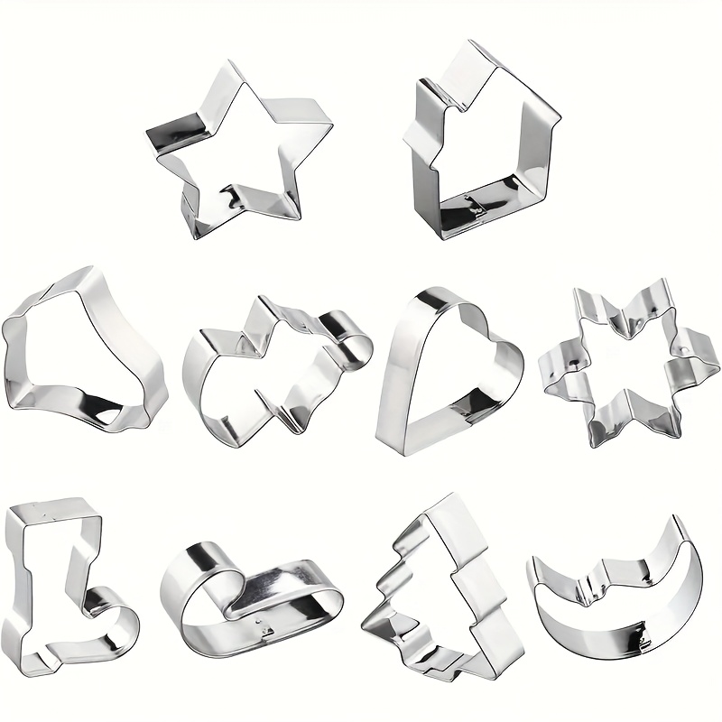 Image of Christmas Themed Stainless Steel Cookie Cutter Set, 10 Shapes: Bell, Snowflake, Sock, Candy Cane, Christmas Tree, Heart, Star, House, Moon
