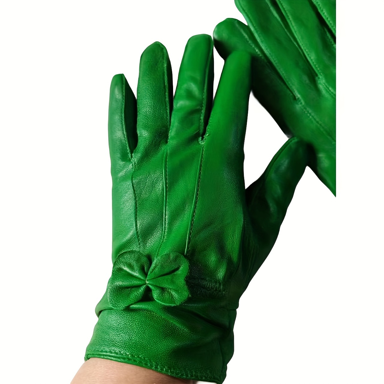 Green Genuine Leather Gloves Minimalist Bow Decorative - Temu