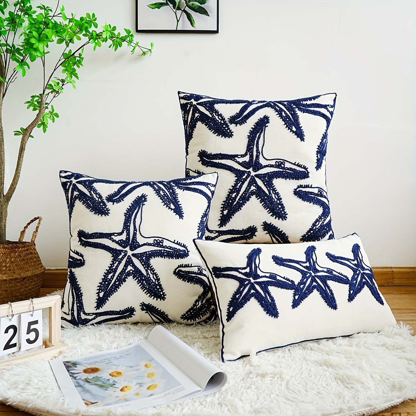 

1pc Modern Starfish Embroidered Cotton Pillow Cover For Sofa, Living Room, Bed, Couch - Soft And Stylish Home Decor With No Pillow Core