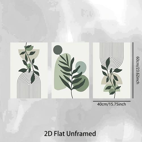 2d flat 3pcs large boho canvas wall art set century modern minimalist sage green muted green abstract botanical leaf geometric prints unframed ready to hang neutral palette for bedroom bathroom living room decor boho decorations bedroom decoration prints interior designers 2d flat