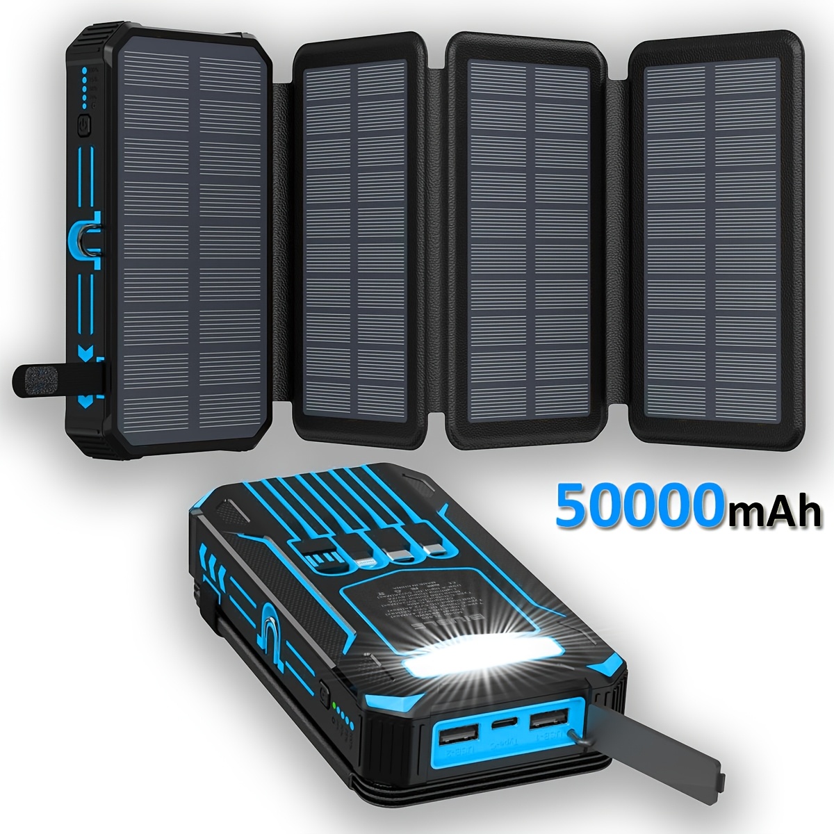 TEMU 50000mah Foldable 4-panel Solar Power Bank Pack Solar Charger 2 Usb Led Battery Fast Charger For Phone Tablets Outdoor Camping