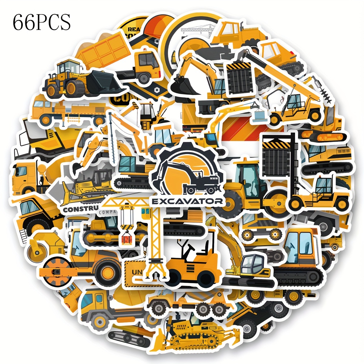 Image of 66pcs Engineering Vehicle Stickers Vinyl Aesthetics Stickers For Scrapbooking, Diary, Laptop, Bumper, Skateboard, Water Bottle, Computer, Phone, Cartoon, Hard Hat, Car Stickers