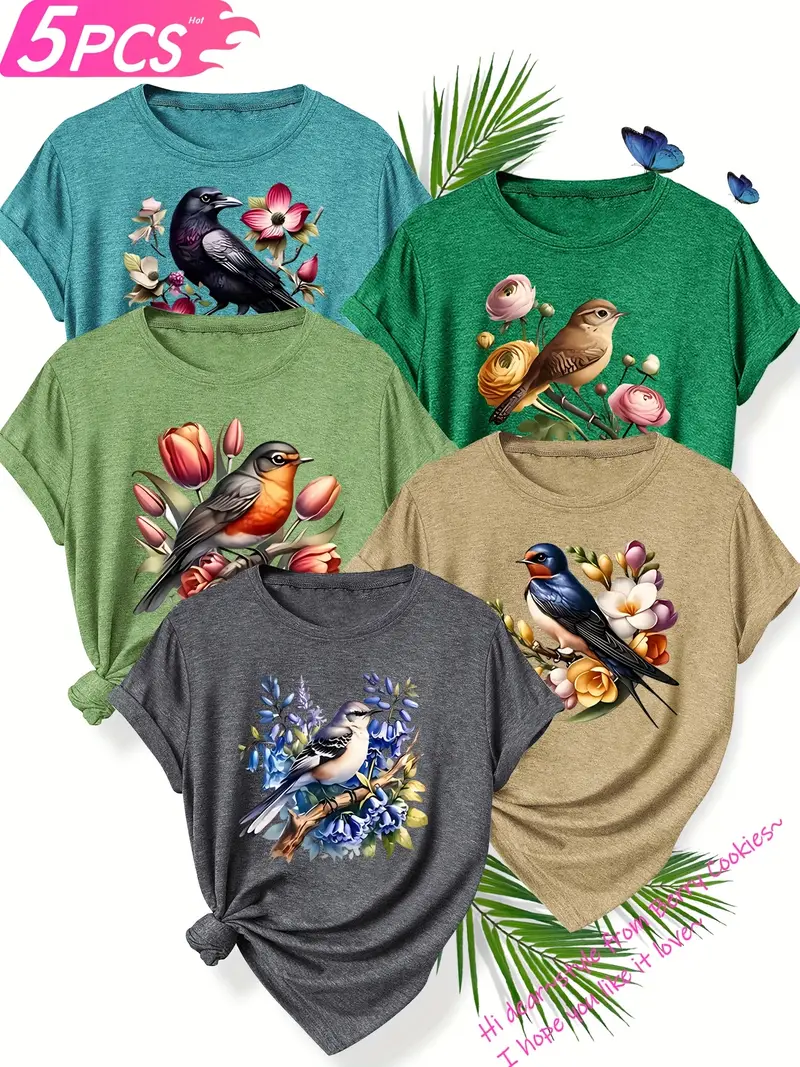 5pcs set of sisters simple and cute animal plant flower pattern printed elegant womens spring summer and autumn round neck short sleeve t shirt multi color s xxl Product details 1