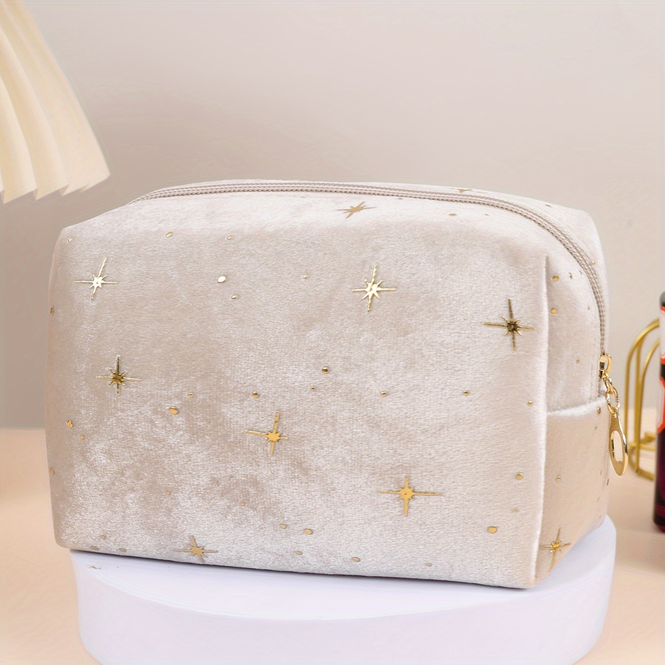 TEMU Soft Fabric Star Makeup Pouches - Large Capacity, Velvet Texture With Print, Ideal For Cosmetics And Skincare, Unisex Adult Use, Skincare