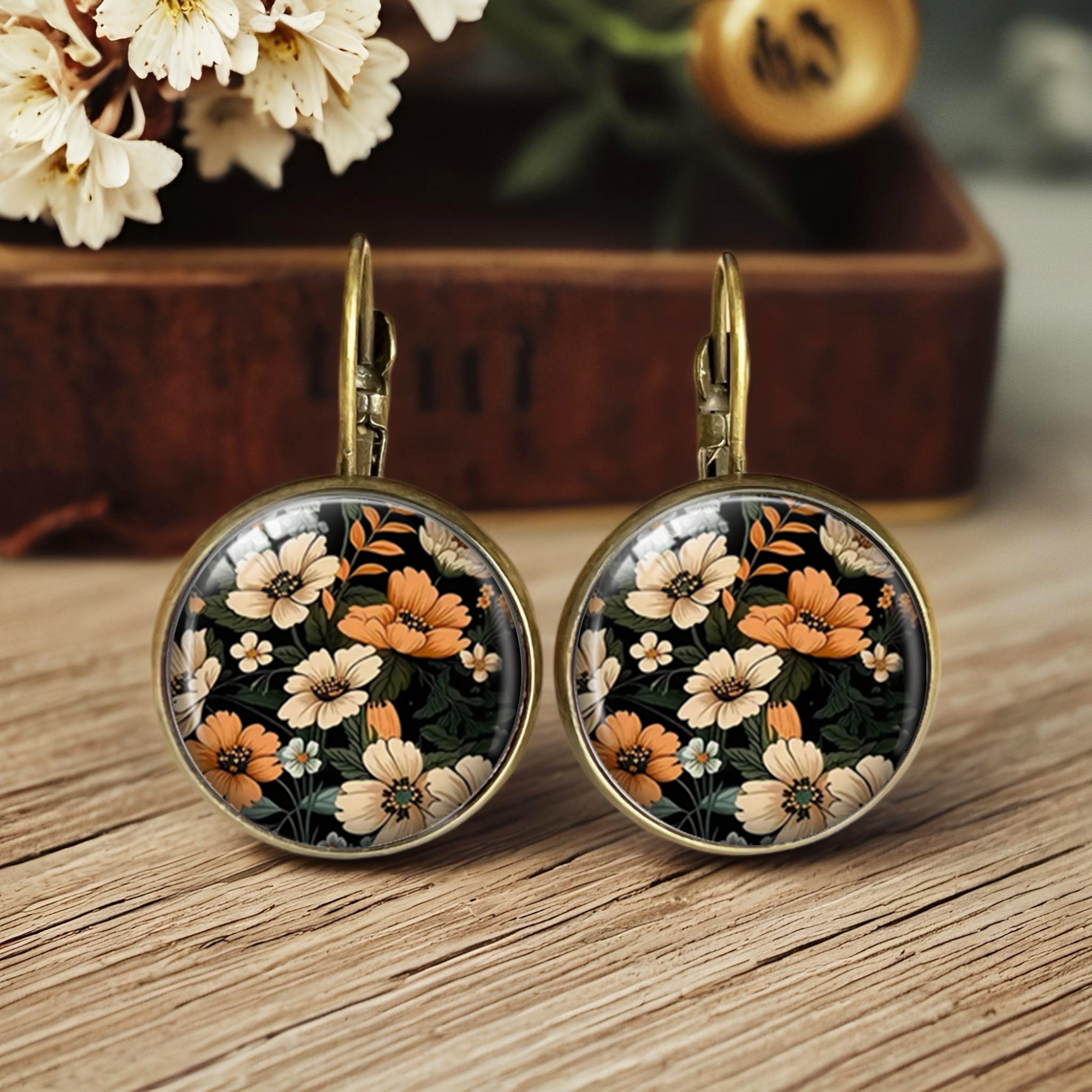 A Pair Of Vintage Hand-painted Floral Alloy Round Earrings - Vibrant Orange And White Flowers Against A Black Background, A Perfect Jewelry Gift, Without Battery