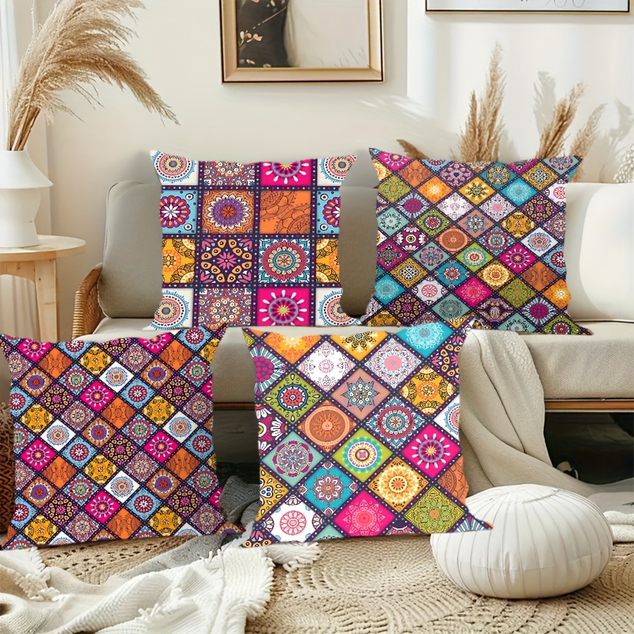 

Bohemian Style Throw Pillow Covers 4-pack, Velvet Printed, Ethnic Patterns, Zipper Closure, Machine Washable, Polyester, For Living Room Sofa, Bedroom, And Car Cushions - No Insert