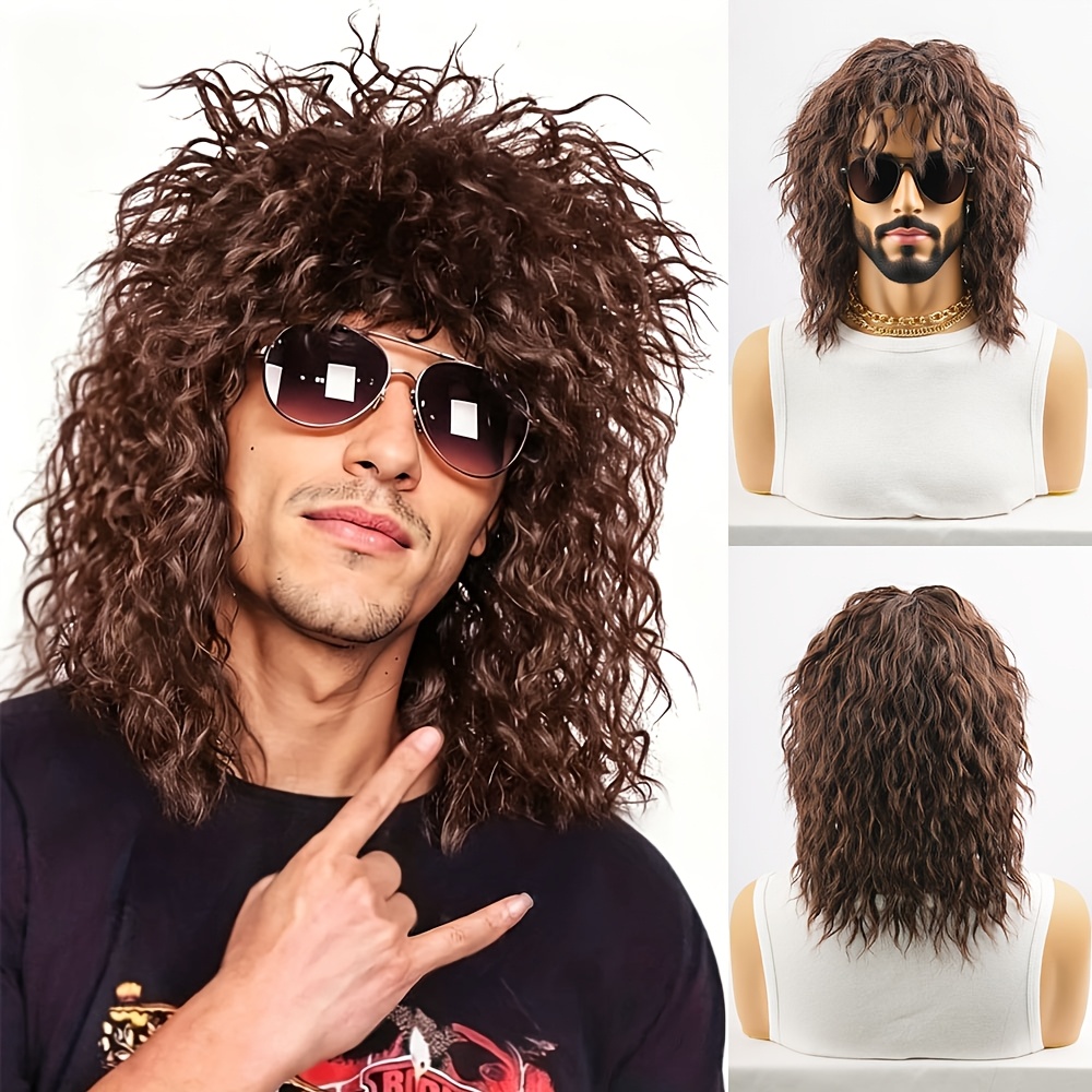 Image of Rock Wig For 70s 80s Costume Men And Women Curly Wavy Rocker Wig With Bangs, Hippie Party Funny Wig, Short Curly Male Wig Halloween Costumes 80s Rocker Wig