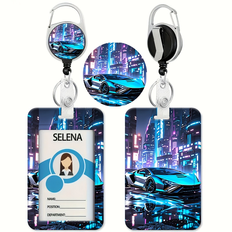 TEMU Porte-cartes ID avec motif imprimé de voiture de sport , lumière néon bleue - pour bus, étudiant, étudiant - avec rétractable - porte-badge -