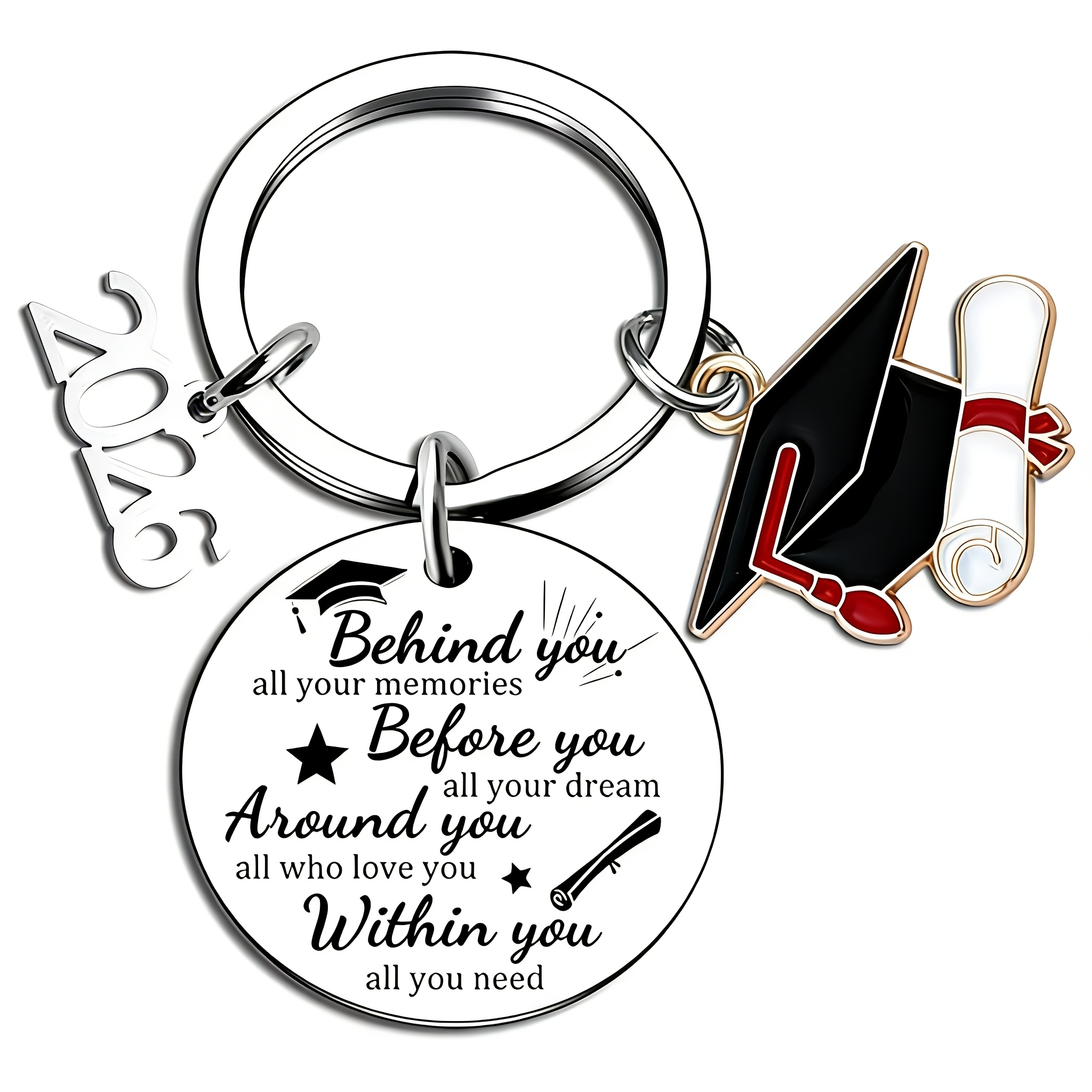 TEMU 1 Item: 2026 Graduation Inspirational Keychain, Stainless Steel Circular Pendant, Engraved With Graduation Message, 2026 Digital Graduation Cap