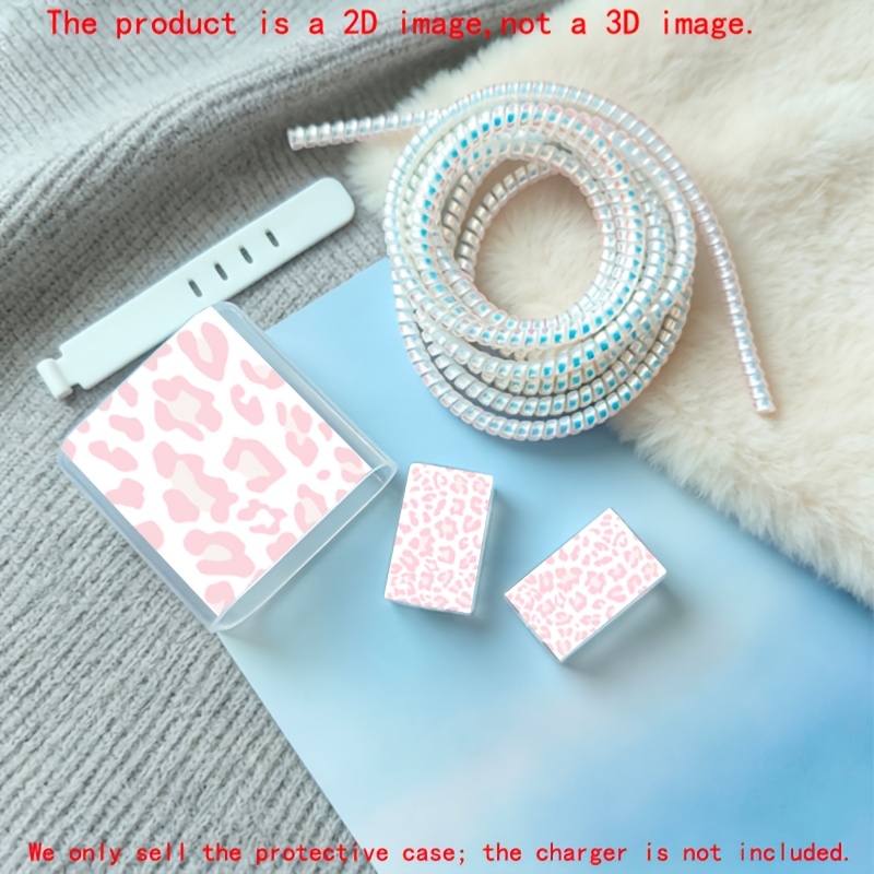 TEMU Juego protector para cargador de teléfono con diseño plano 2D de cebra rosa y leopardo, 5 piezas, incluye cubierta para la cabeza del cargador +