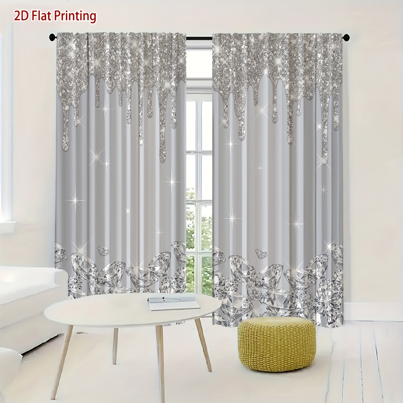 TEMU 2d Flat, 2pcs 2d Flat Printing Silvery Glitter Diamond Drip And Scattered Diamond Print Curtains, Soft Light, Privacy Protection, Rod Pocket