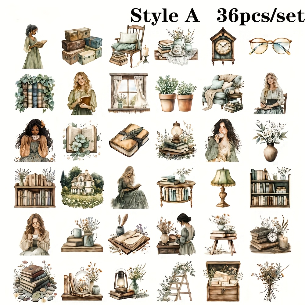 E-shop 36-teiliges Set kreative Aufkleber im kreativen Vintage-Landhausstil mit Bibliothek, Cottage, Wildblumen, Vintage-Büchern Mädchen, hochwertige