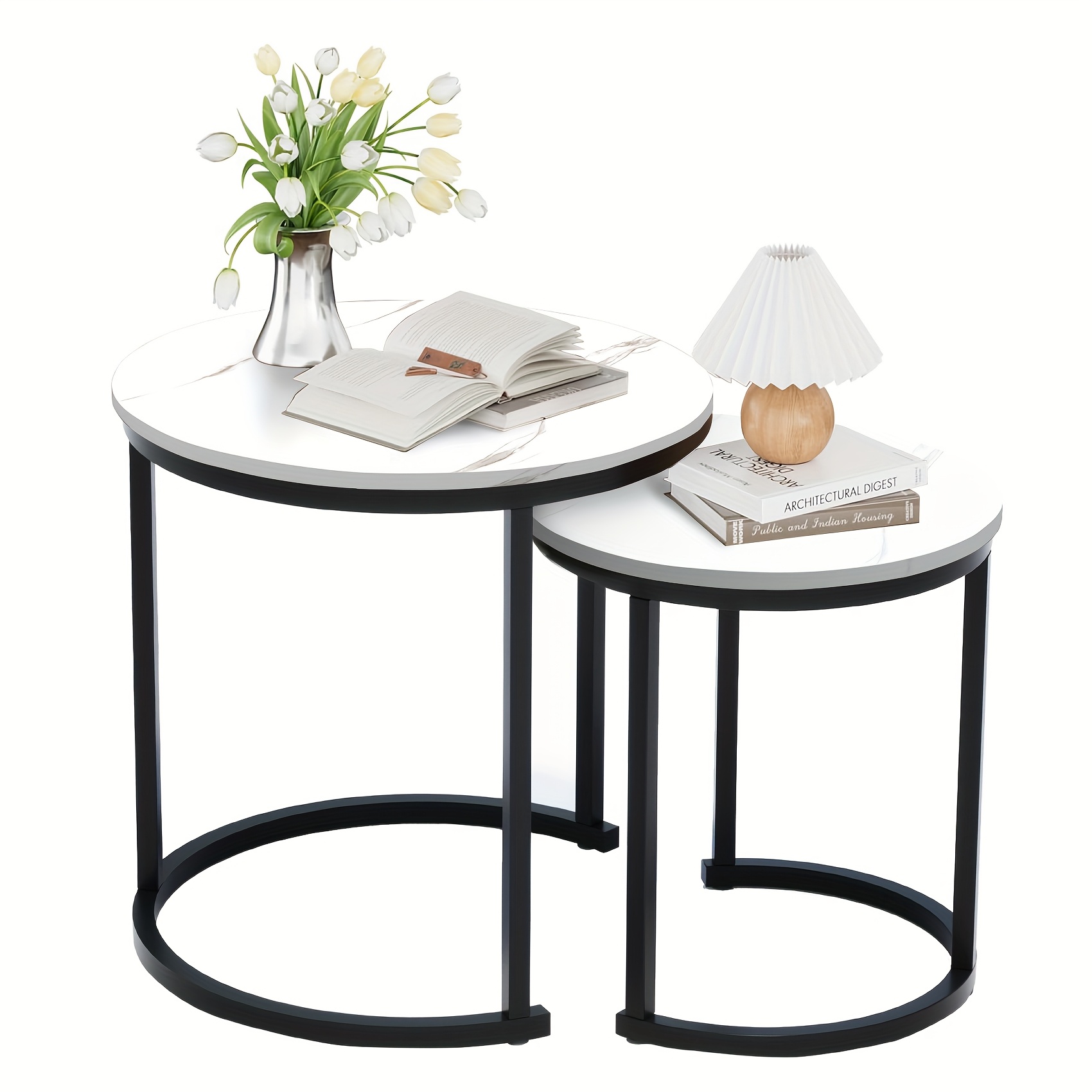 Coffee Table 2-piece Set, Round Coffee Table With Marble-patterned Non-slip Top, Industrial-grade Side Table, Suitable For Living Room, Bedroom, White