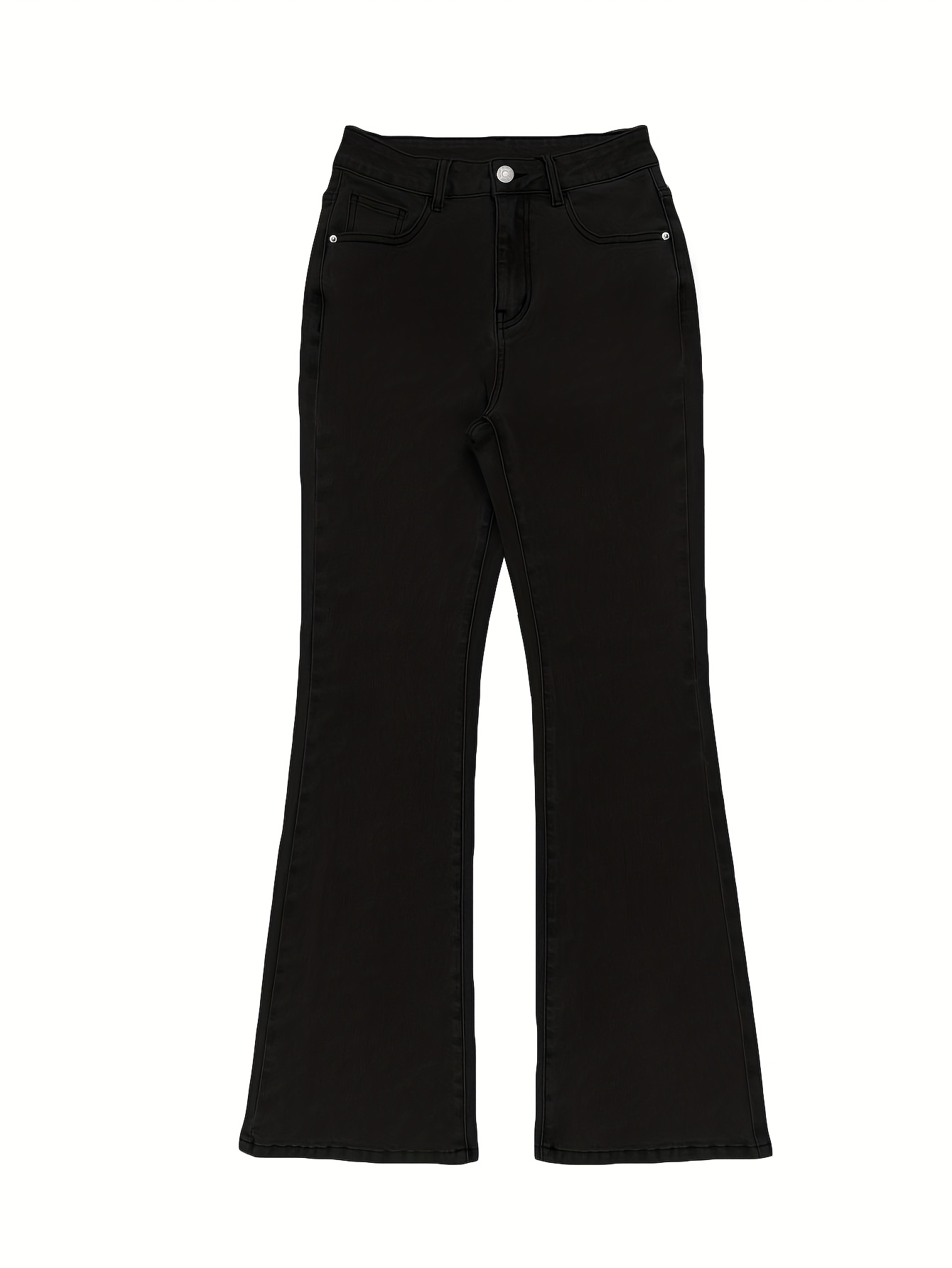 GILIPUR MH1025 Light Blue Retro High-Waist Stretch Straight Leg Women's Pants, Street Style Solid Color Long Pants with Pockets, All-Season Comfortable Stretch Fabric, Machine Washable