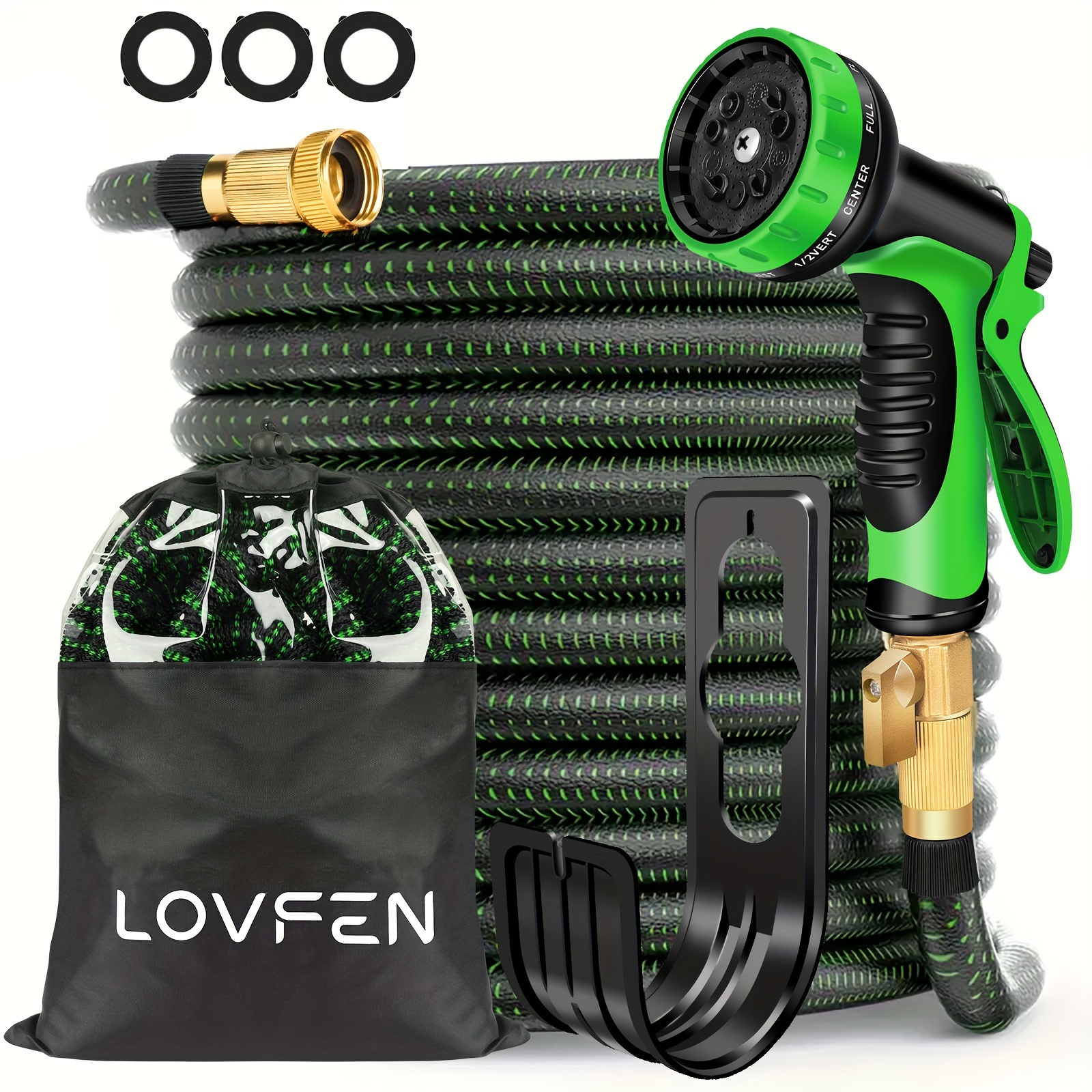 

Lovfen 25/50/75//150ft Heavy-duty Garden Hose With 10- High-pressure Spray Nozzle, 3/4 Solid Brass Fittings, Leakproof Design, Rubber Material, Cleaning, Forestry, And Gardening Green