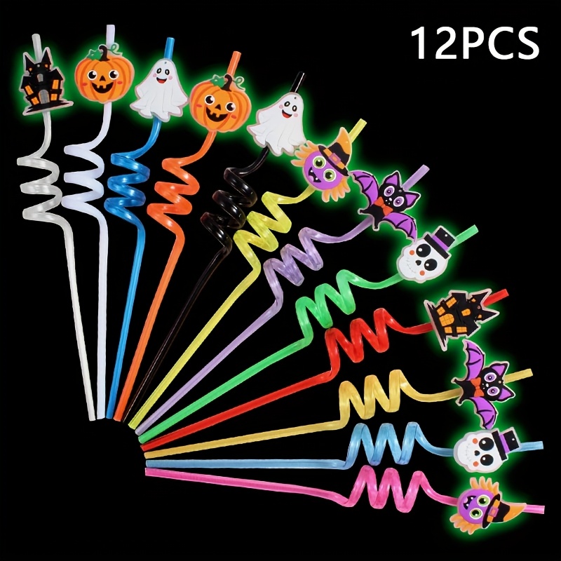 TEMU 12pcs Low-in-the-dark For Halloween/' Day/all Hallows' Day Straws Made Of Durable, Reusable Pet Material, Featuring Bat, , Pumpkin, And Witch
