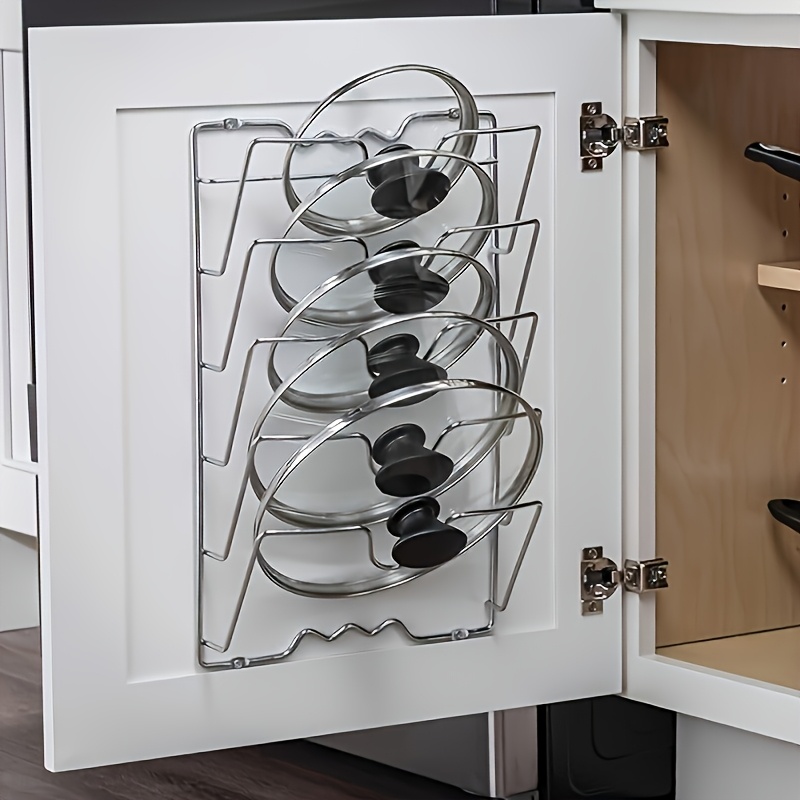 TEMU 5-tier Stainless Steel Pot Lid Organizer, Suitable For Camping Cabinet Doors And Walls; Sturdy And Durable Pot Lid Organizer; Kitchen