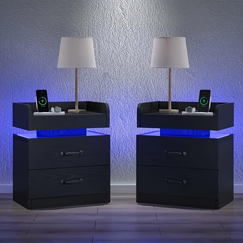 

Black Nightstand With Charging Station, With Led Lights, Modern Led End Table Nightstand For Bedroom, Bedside Table With 2 Drawers, Bed Side Table With Storage For Living Room