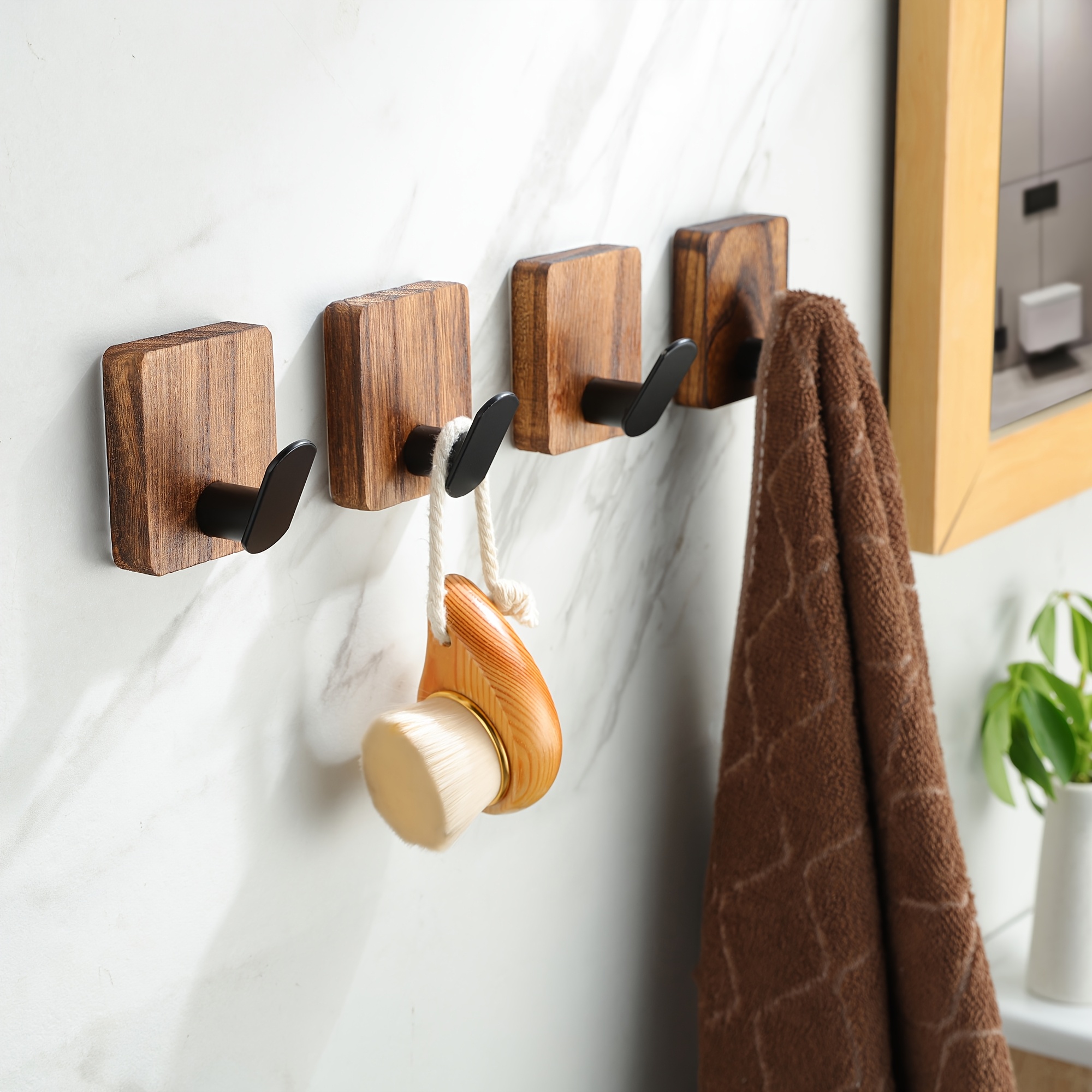 4pcs Heavy-duty Waterproof Self-adhesive Towel Hooks, Wall Mounted Wooden Wall Hooks, Bathroom And Kitchen Multifunctional Hooks, And Paste, Suitable For Hanging Towels, Clothes, Hats, And Nightgowns