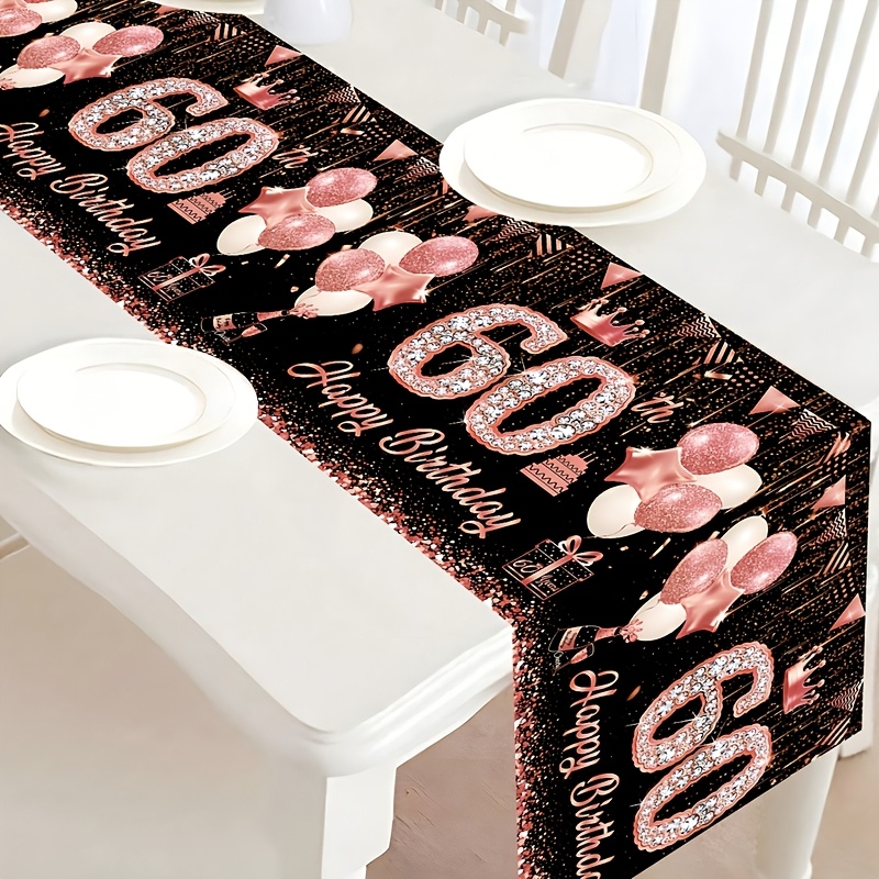 

1pc, Rose Golden 60th Birthday Table Runner, Polyester, Machine Made, 180x35cm, , Happy Birthday Party Decoration, Dining Table Decor, Adult Birthday Party Supplies, Tablecover Decor