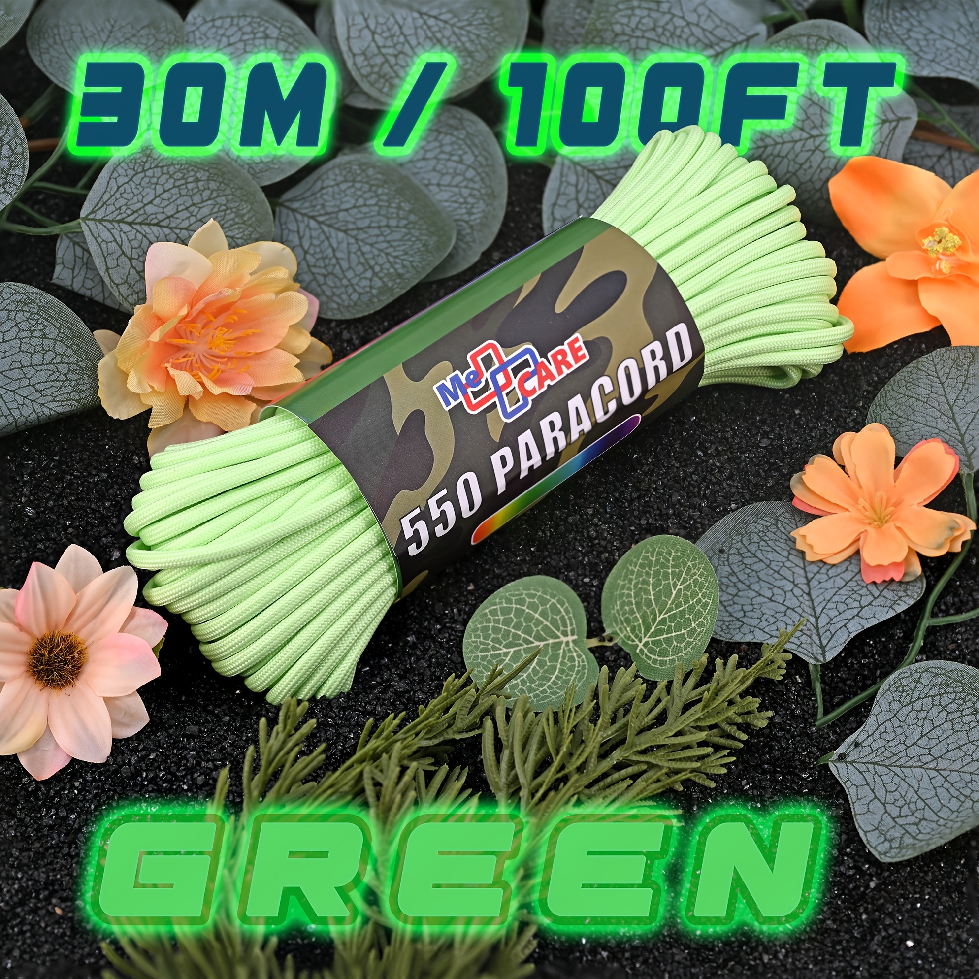 E-shop 15/30 m 4 mm dickes im Dunkeln leuchtendes Seil, 550 lbs/250 Zugfestigkeit, Polyester-Mischung, 7-Kern-Leuchtseil zum Basteln von Armbändern,