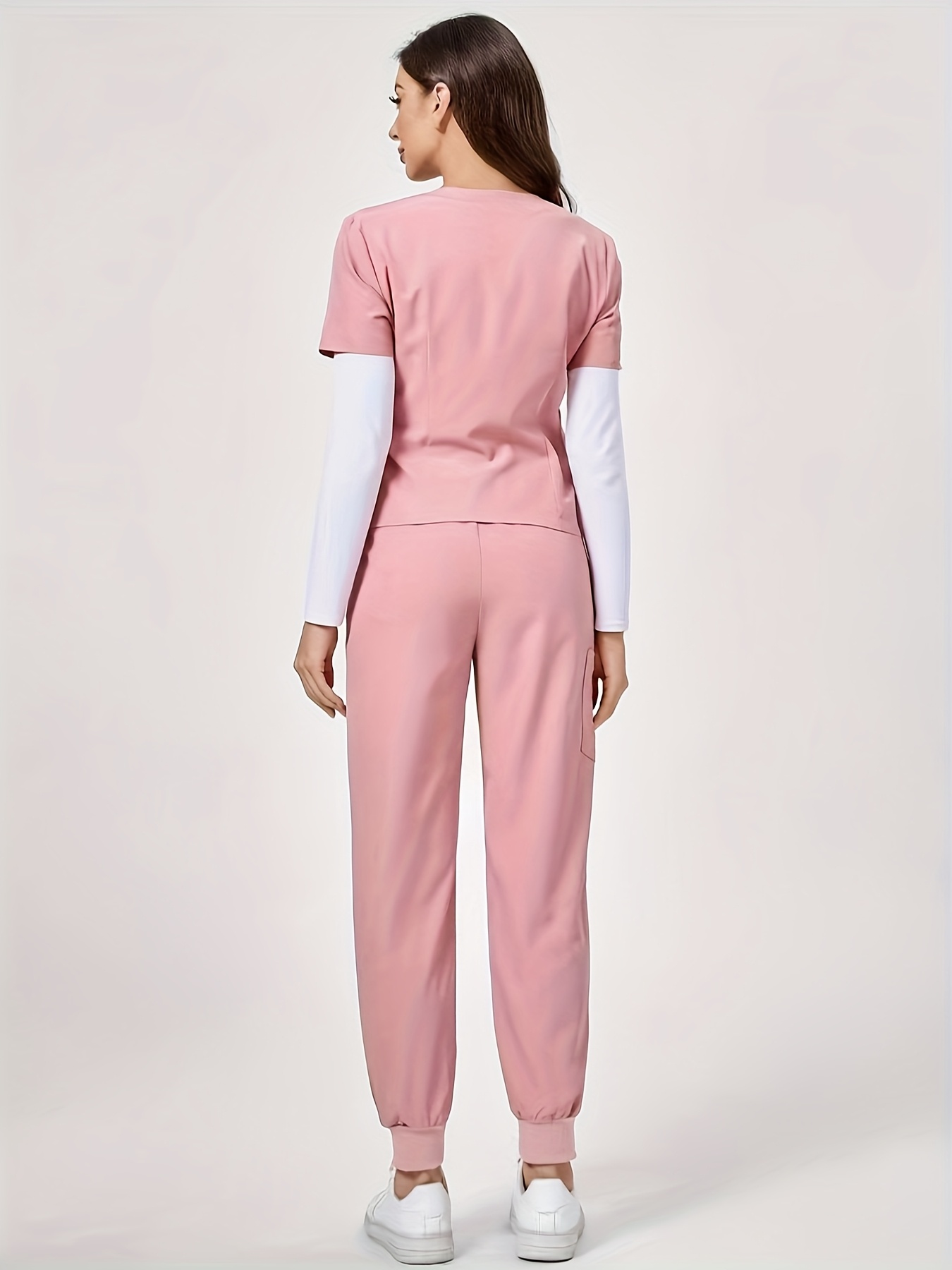 Conjunto de Bata de Enfermera con Cuello en V y Manga Corta, Bolsillo y Pantalón con Lazo Delantero