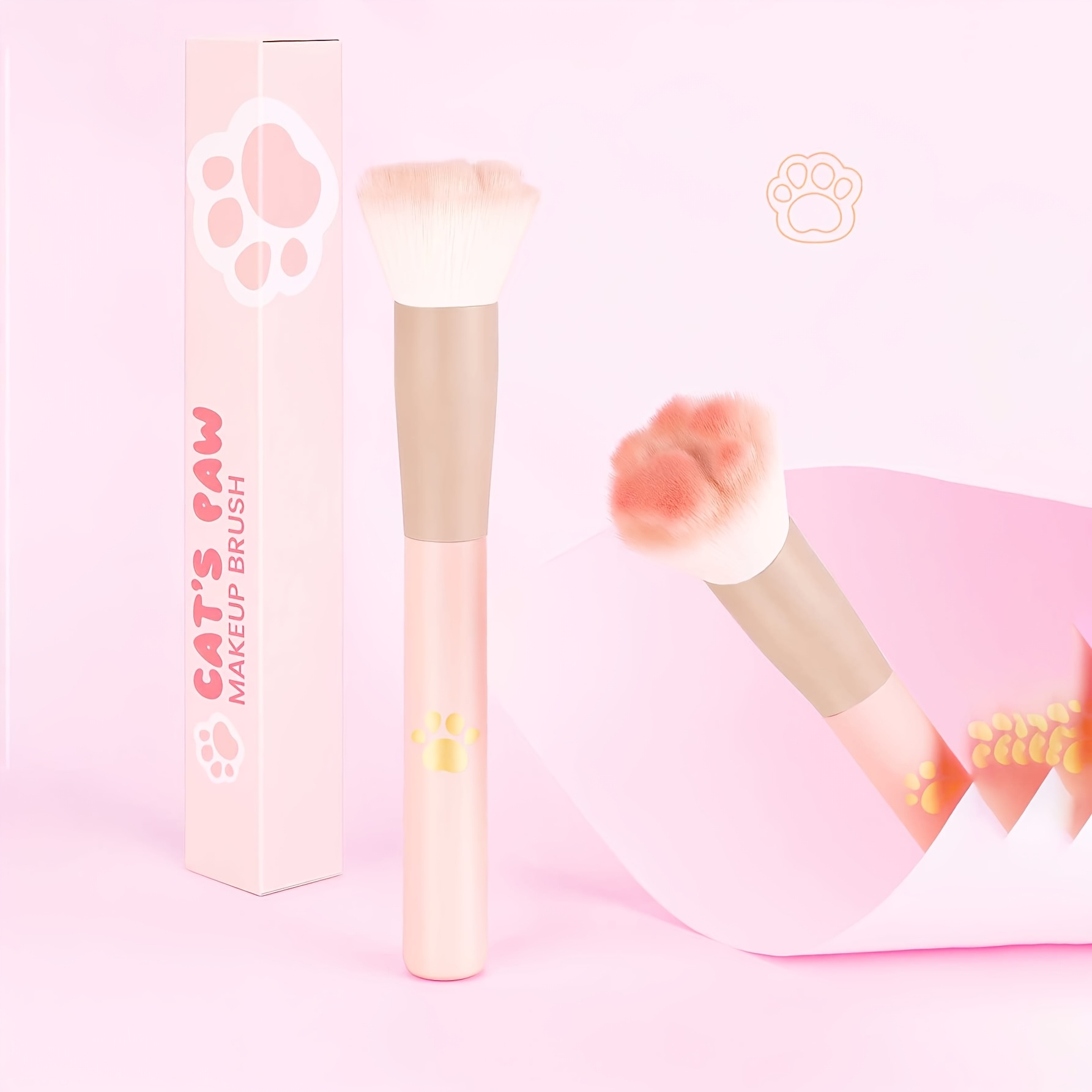Image of 1pc Cat Paw Foundation Brush - Soft Nylon Bristles, Abs Handle, Fragrance-free, For Types, Pink With Storage Box, Cat Brush For Shedding