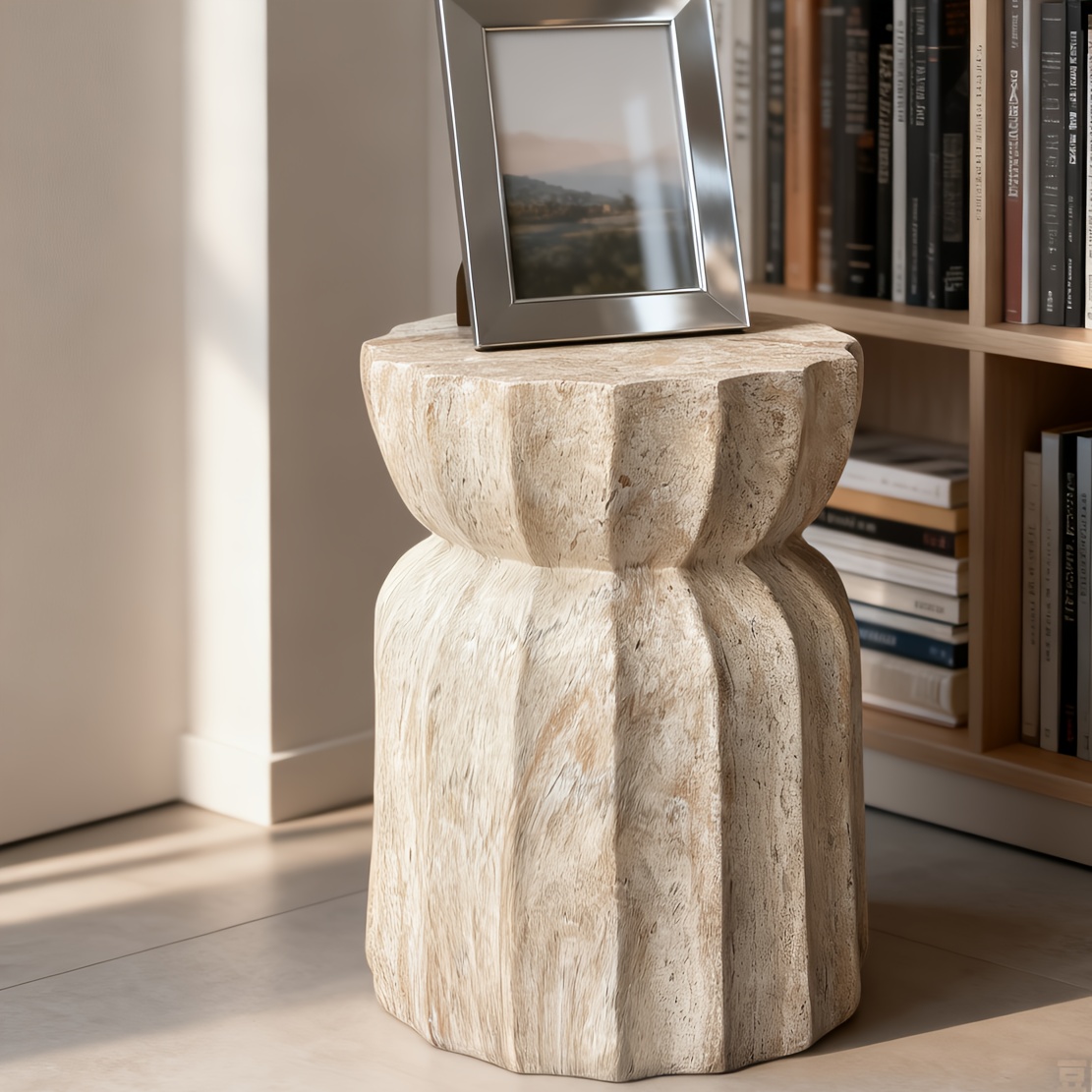 A Side Table with Exquisite Travertine Texture, Suitable for Courtyard Decoration/coffee Table/indoor Decoration/festival Gifts. Dimensions: 47.5cm in Height and 37cm in Diameter.