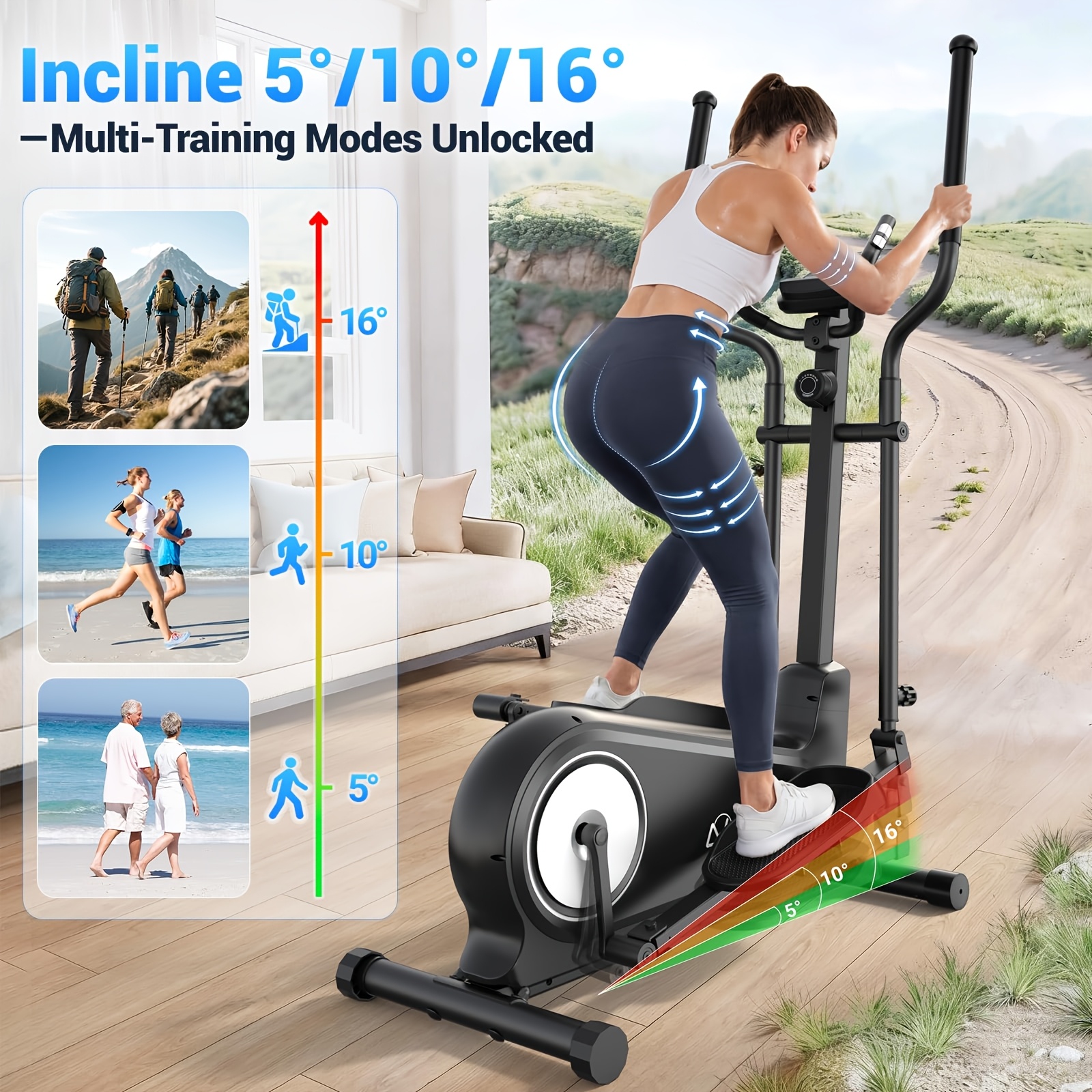 elliptical trainer a home elliptical with an   magnetic   system featuring 16   levels a foldable home elliptical with an lcd display a christmas gift for   Product details 4