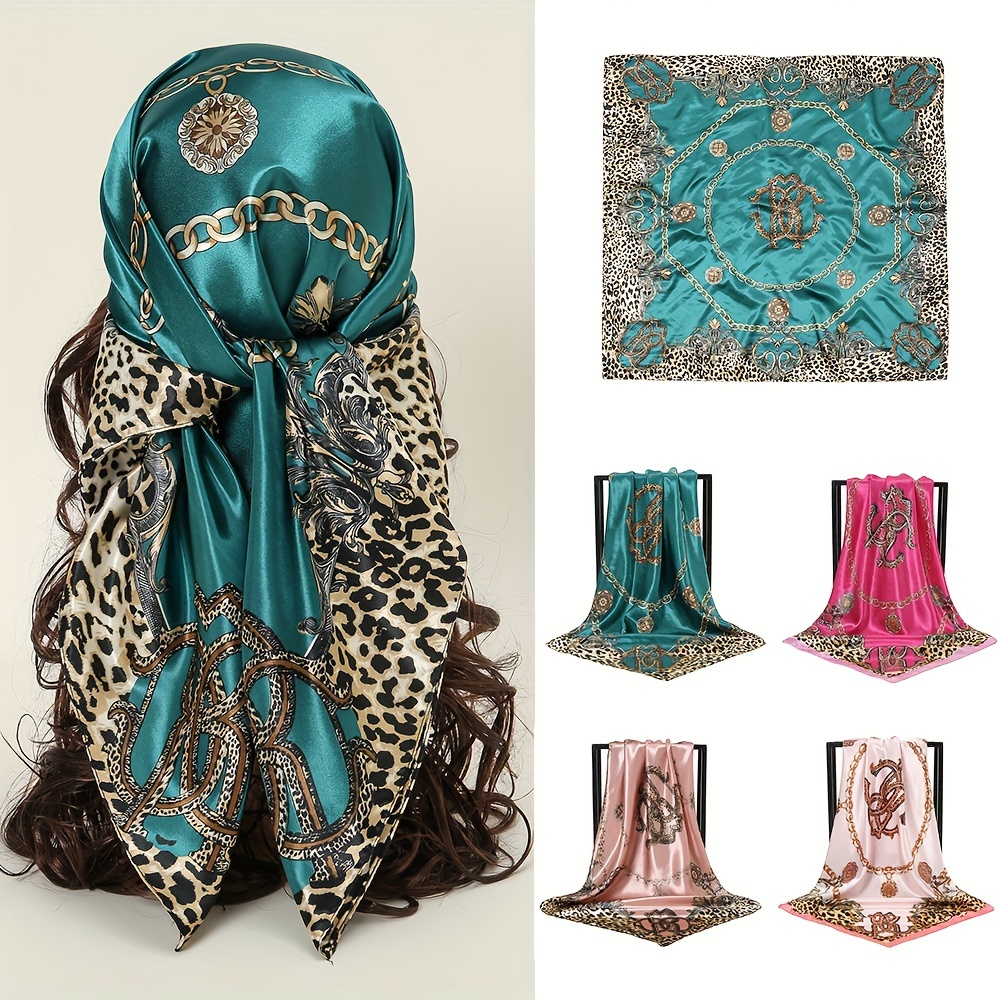 

35.43" Leopard Chain Printed Square Scarf Classic Thin Smooth Satin Shawl Windproof Sunscreen Head Wrap For Women