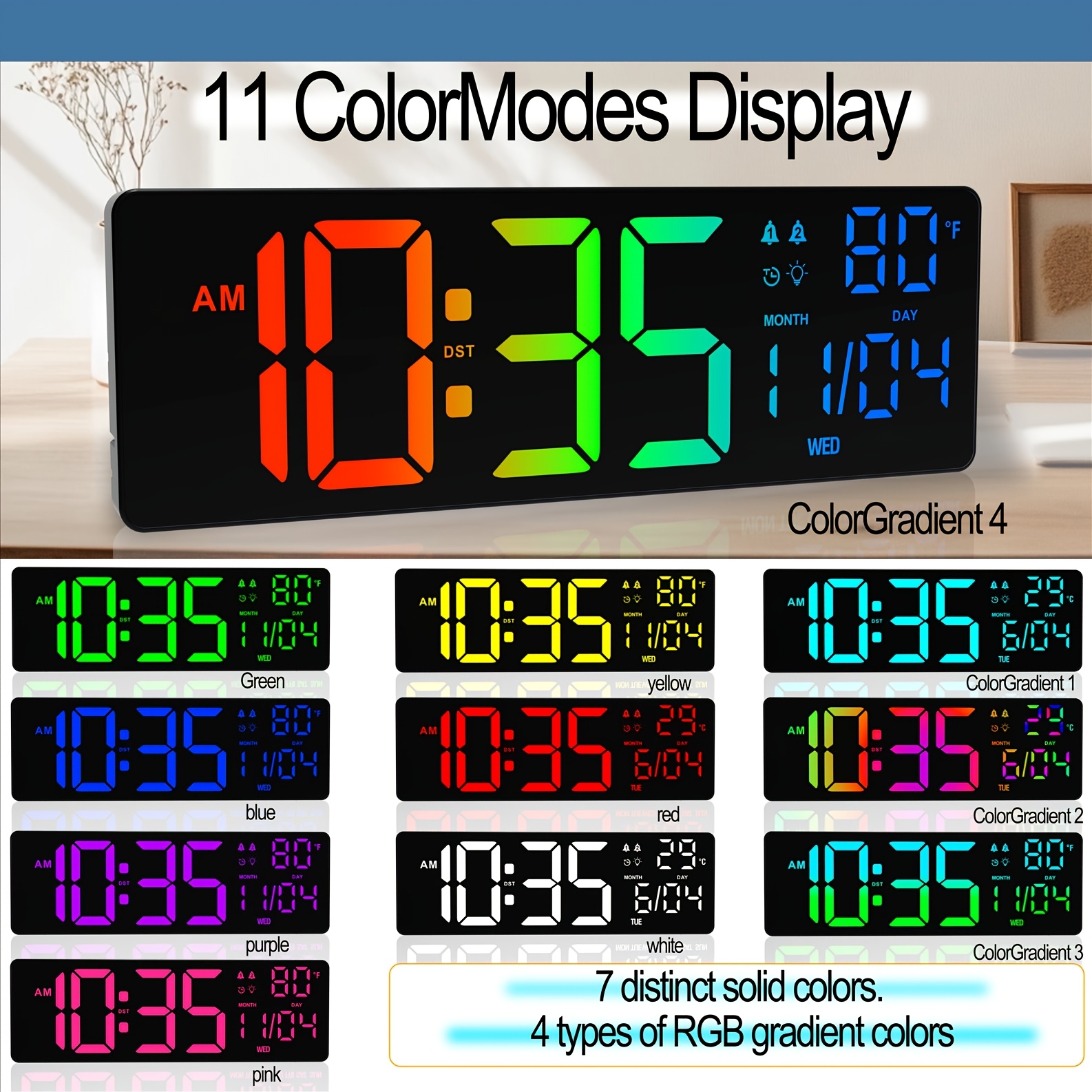 1pc 16 3 inch multifunctional large digital wall clock 7 rgb single colors 4 rgb gradient colors dual alarms with date and temperature display suitable for home decoration kitchen decoration and other settings Product details 2