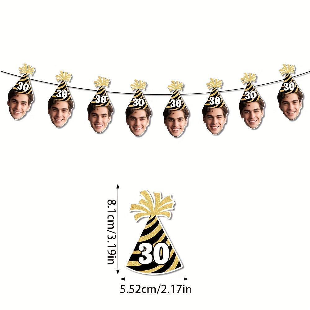 Image of 10 Custom Pieces For A 30th Birthday Party Featuring Photo Banners And Personalized Hats For An Adult Milestone Celebration