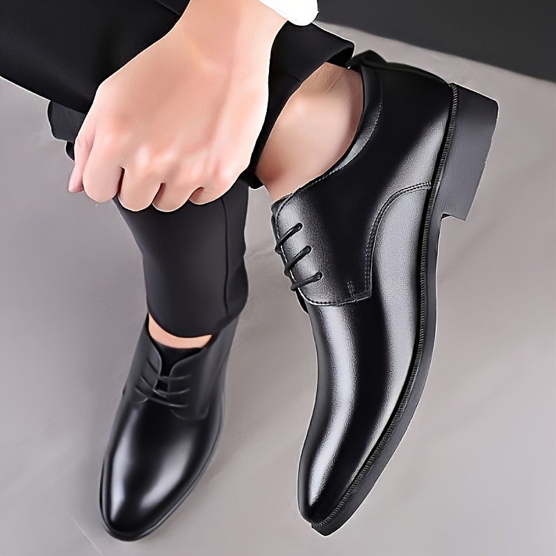 Men's British Formal Shoes, Black Glossy Low-Top Business Shoes, Lace-Up/Slip-On Dual-Use Minimalist Design, PU Upper and Lining for Easy Cleaning and Polishing, Wear-Resistant and Slip-Resistant PU Sole for Stable Walking, Round Toe Wide Fit for