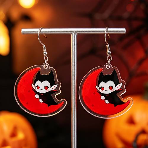 item picture 2d flat cartoon vampire acrylic ear drop gothic style halloween stainless steel ear hook earrings womens outfit additions fun festive gift jewelry