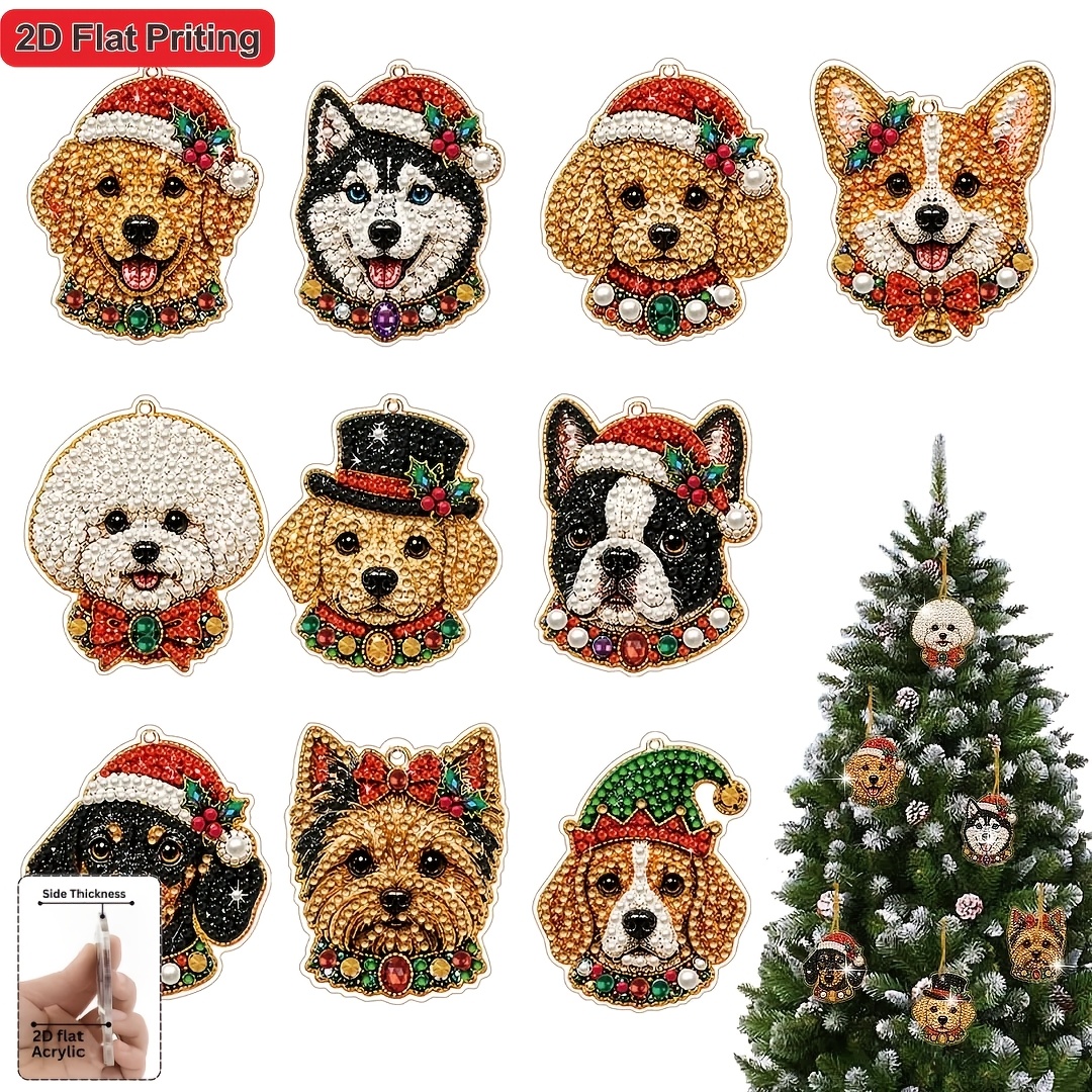 TEMU 2d/flat 10pcs Christmas Cute Dog Pearl Diamond Painting Set, Suitable For Adult Beginners, Retro Christmas Ornament, Christmas Atmosphere