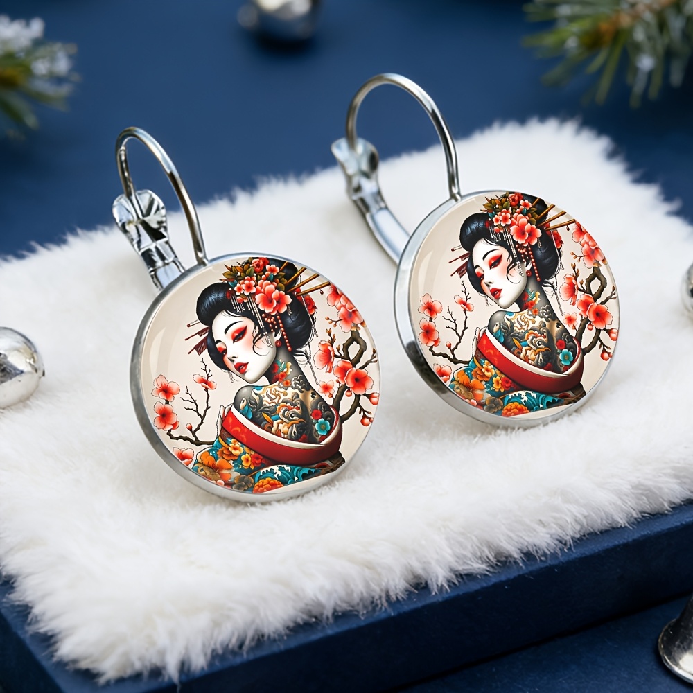 TEMU Japanese Geisha Pattern French Earrings, Alloy Material, Glass Inlaid, Women's Fashion Gifts, Exquisite Earrings Suitable For Daily Wear