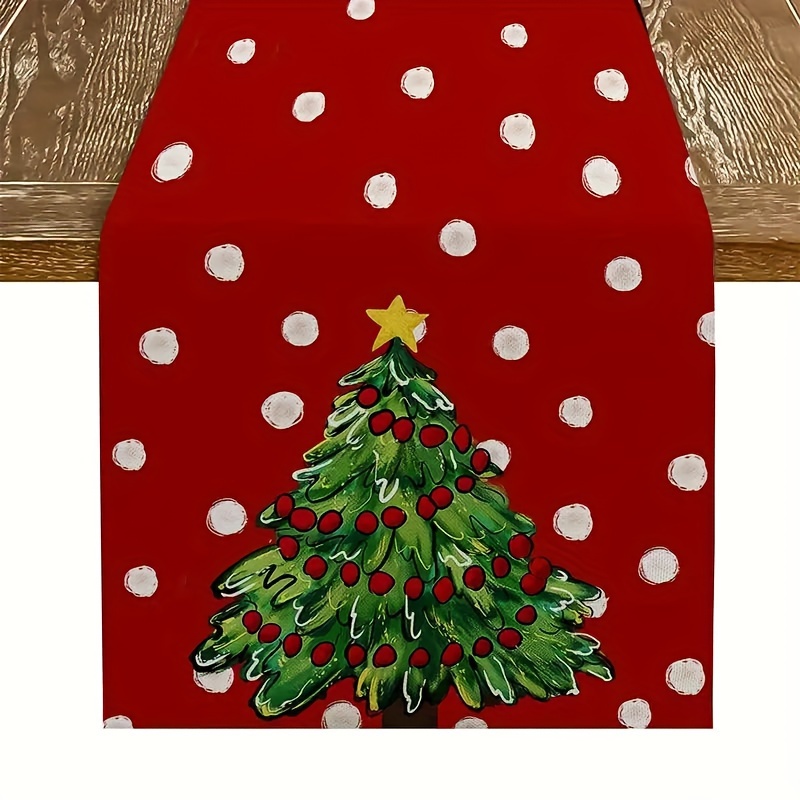 

Christmas Tree Table Runner - 100% Polyester, Rectangular Woven Table Linen With Red And White For Holiday Dining & Kitchen Decor - Fade Resistant & Machine Washable