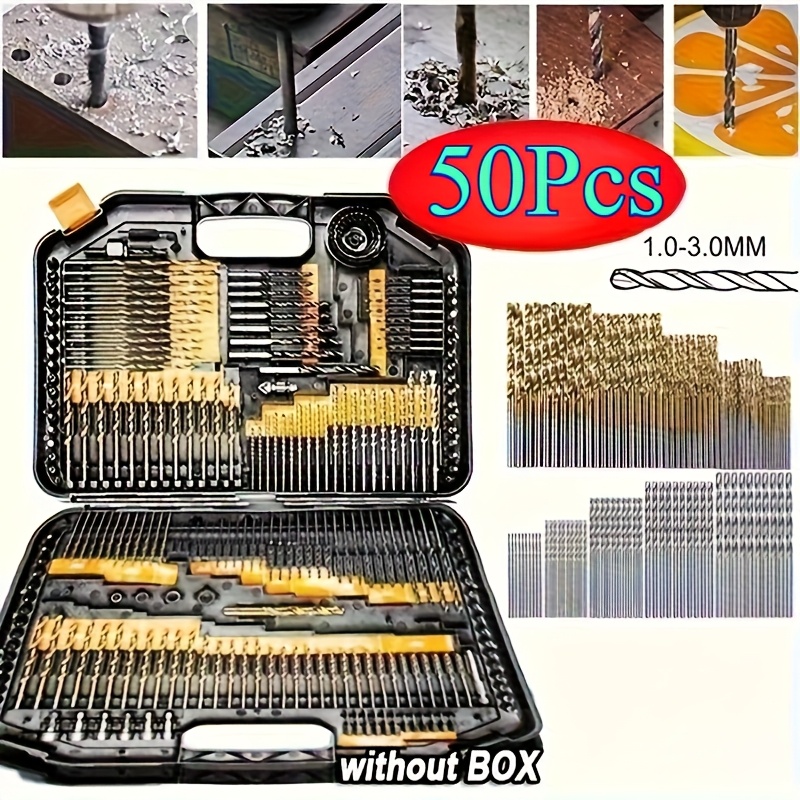 Juego de 50 Brocas Recubiertas en Titanio, Herramientas de Grabado de Acero Rápido a 135 Grados para Carpintería y Joyería DIY, Mango Cilíndrico Metálico con Tamaño Completo desde 1/25" hasta 1/8