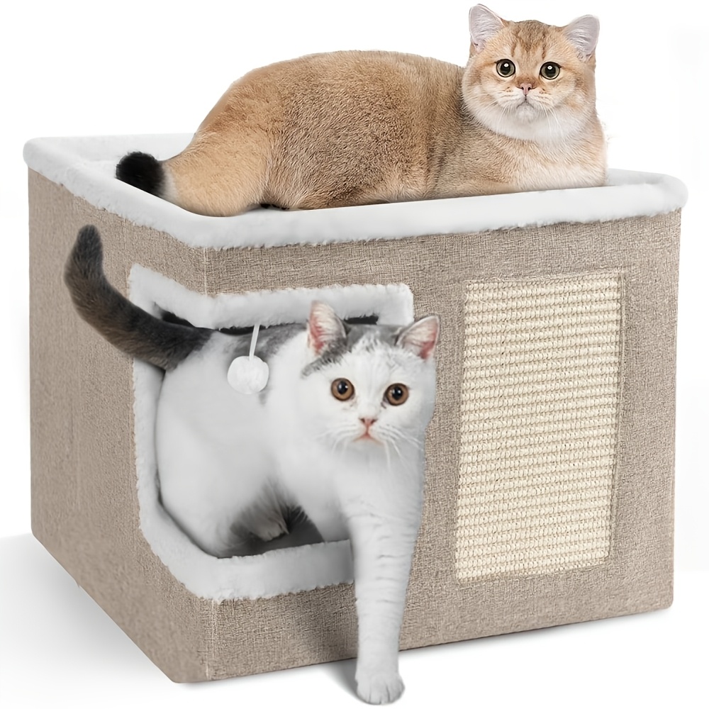 TEMU Kattenhuis met 2-laags bedden, speeltunnel, opvouwbare sofa, krabpaal & pluche hangende bal - Duurzaam nylon frame, zacht canvas, geïsoleerd