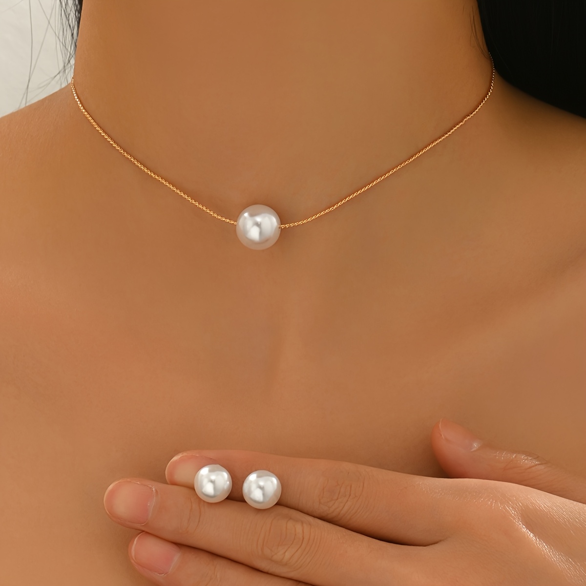 TEMU Conjunto de Joyería para Mujer: 3 Elegantes Collares de Francés + Aretes, Moda de , de Perla, Estilo Minimalista, Ideal para Uso Diario, Regalo