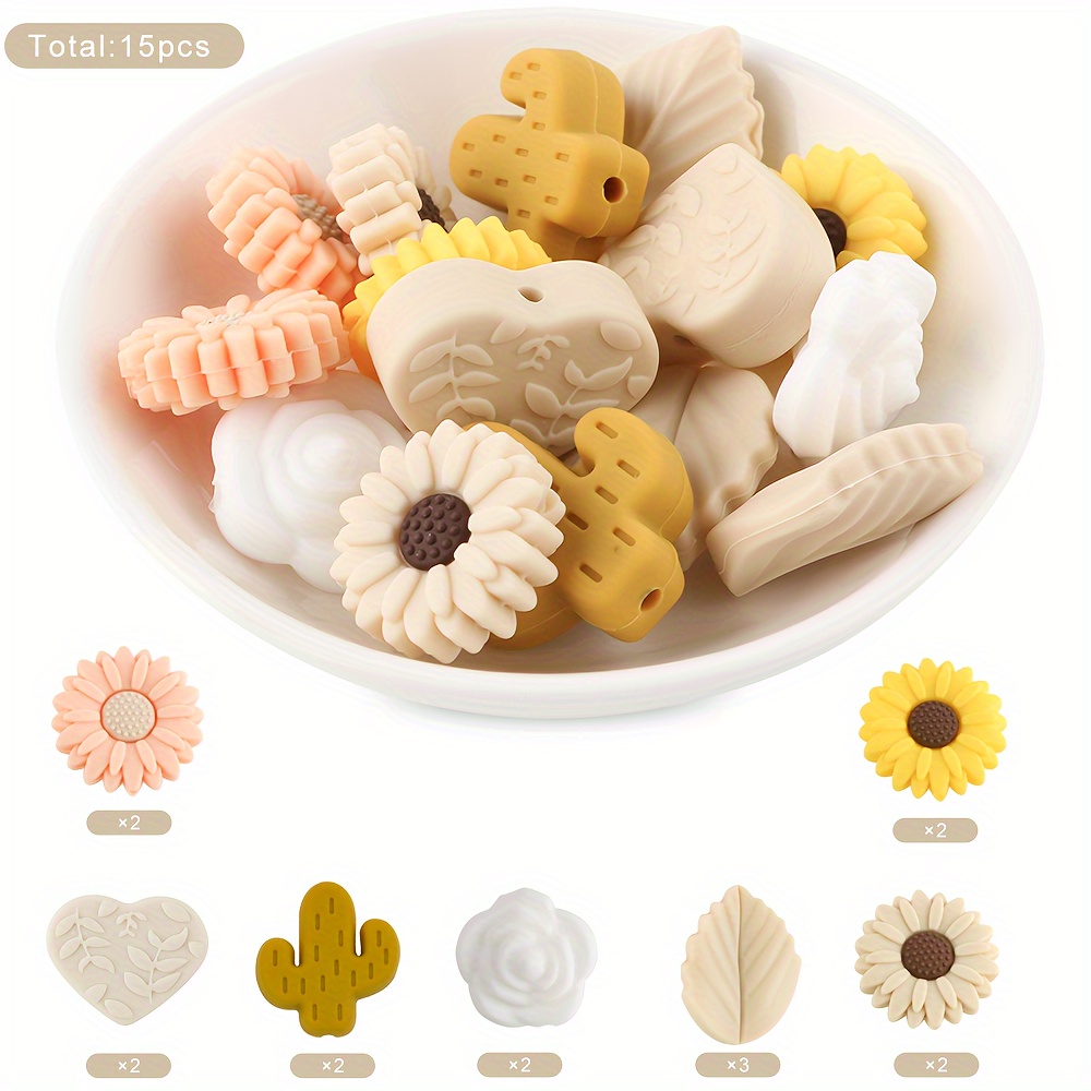 15pcs Creative Silicone Plant Beads, Roses, Chrysanthemums, Leaves, Hearts, , And Other Jewelry Making Bracelets, Keychains, Beads, Pens, Handmade Additions