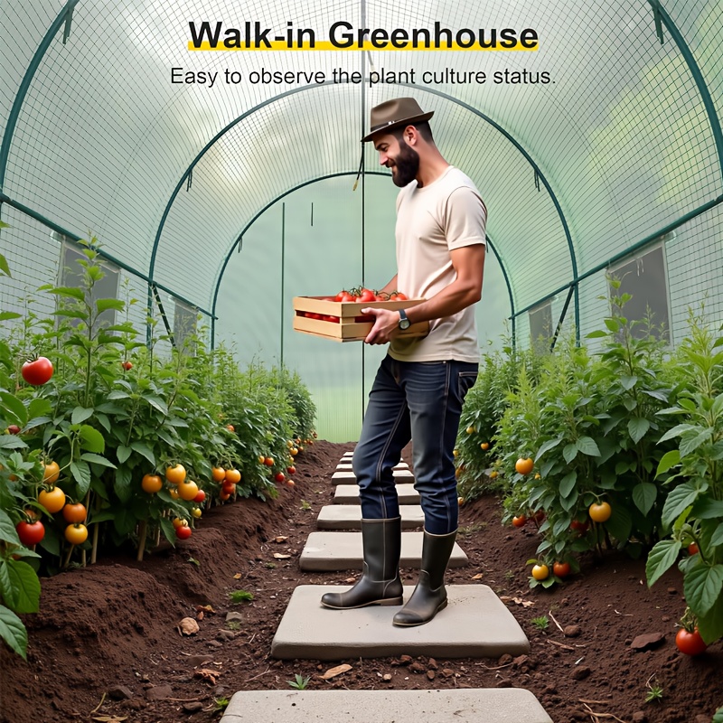 304.8X213.36X213.36cm Walk-In Greenhouse Tunnel - Large Pass-Through Garden Greenhouse | Green Cover Outdoor Heavy-Duty Greenhouse Frame | Roll-Up Zipper Door + Ventilation Windows Sloped Structure | Garden Plant Hothouse Commercial Greenhouse Outdoor Planting H