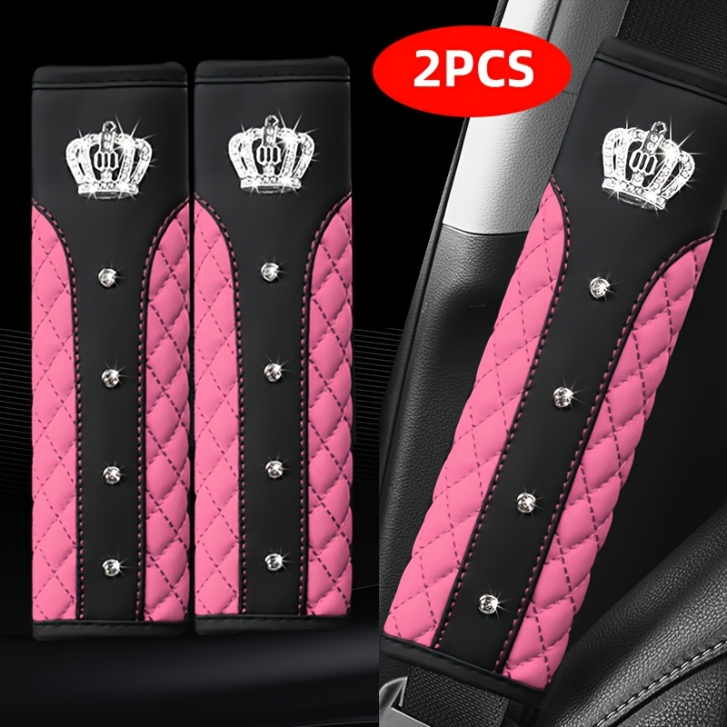 TEMU 2pcs Diamond-embellished Crown Car Seat Belt Shoulder Pads, Pu Leather Quilted Design - Fashionable And Wear-resistant, Size Seat Belt Protector
