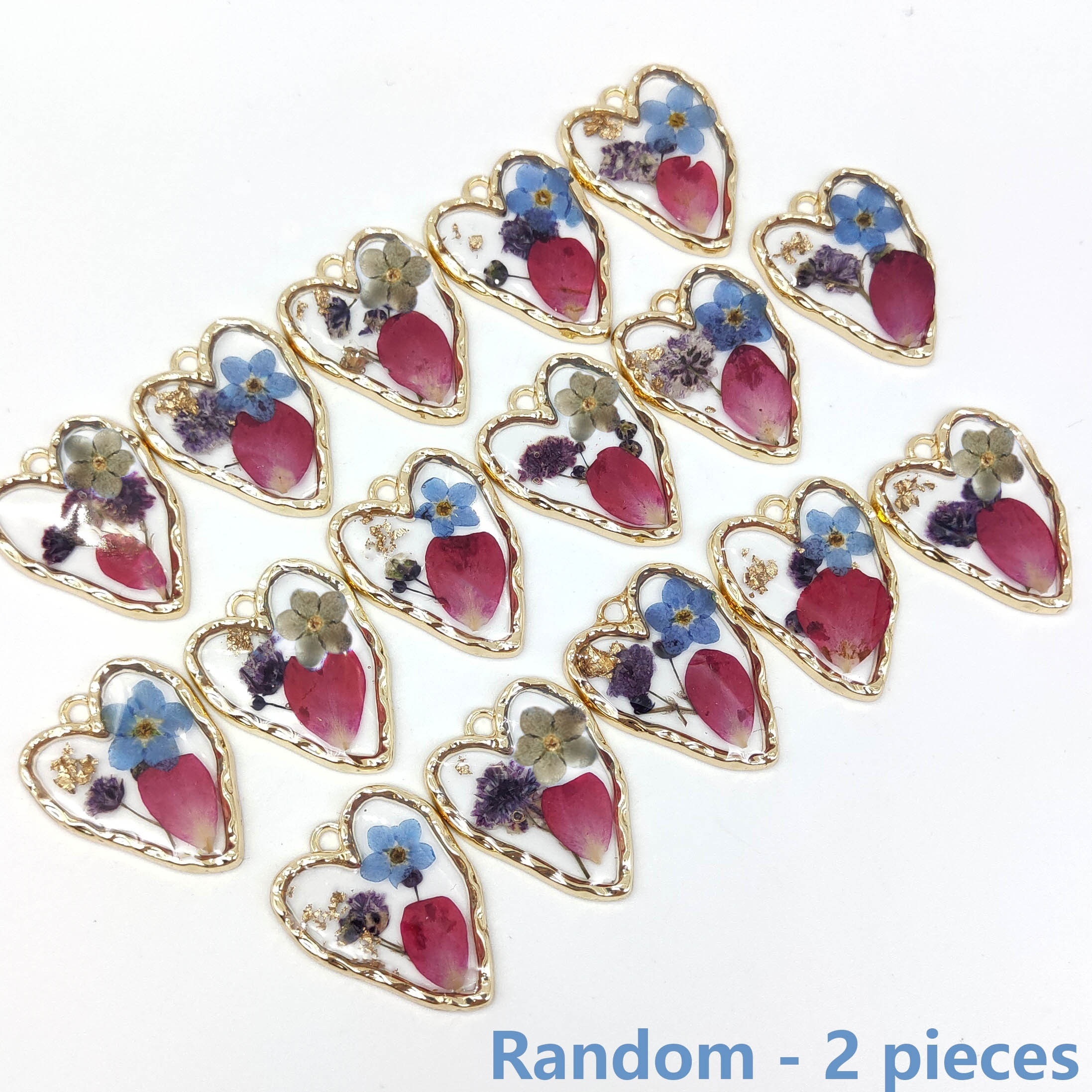 2pcs Heart-shaped Transparent 2.5cm Dried Flower Resin Pendant Earrings And Necklace Charms For Handmade Jewelry, Mixed Colors