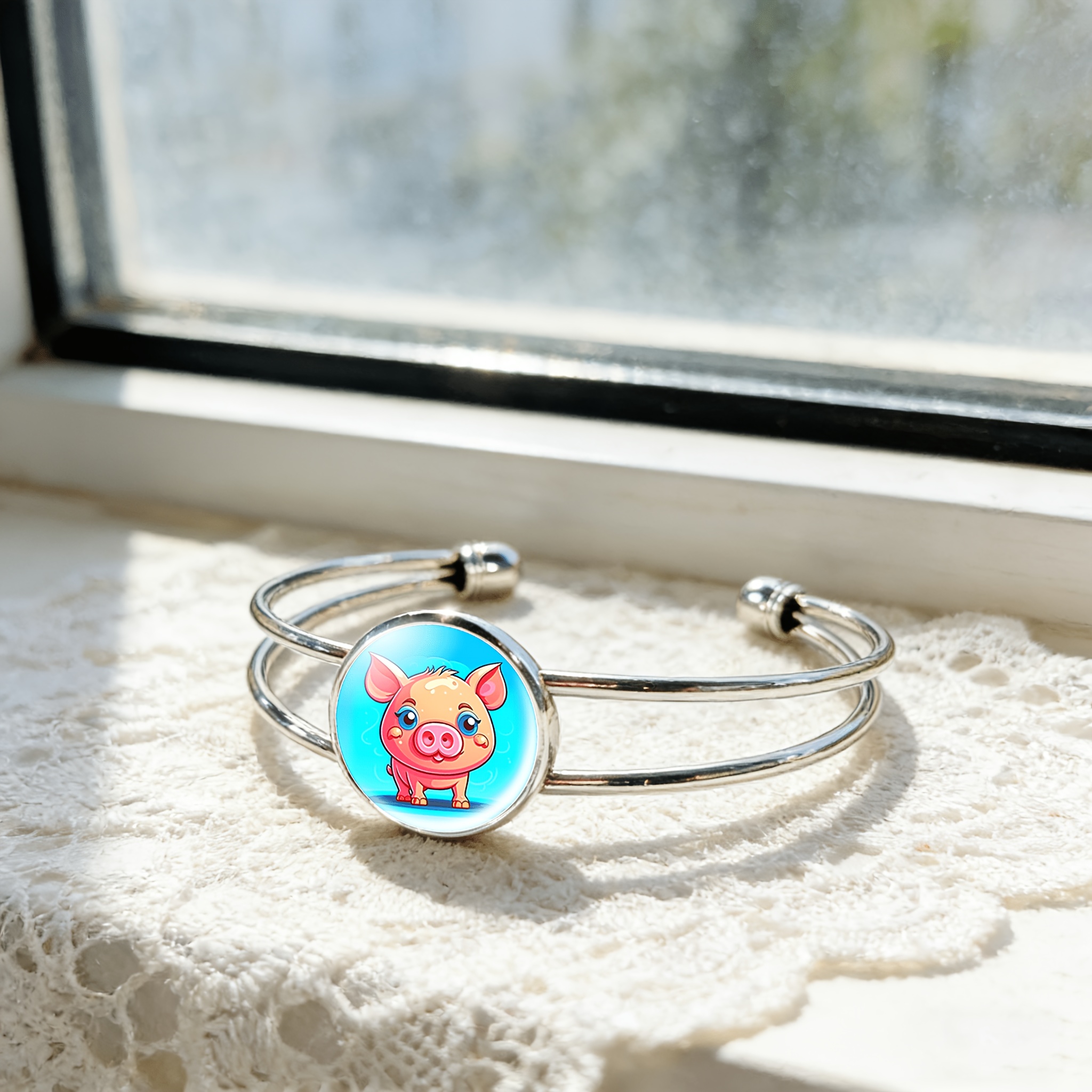 Adjustable Open Bangle with Round Gemstone Inlay, Cute Cartoon Pig Design